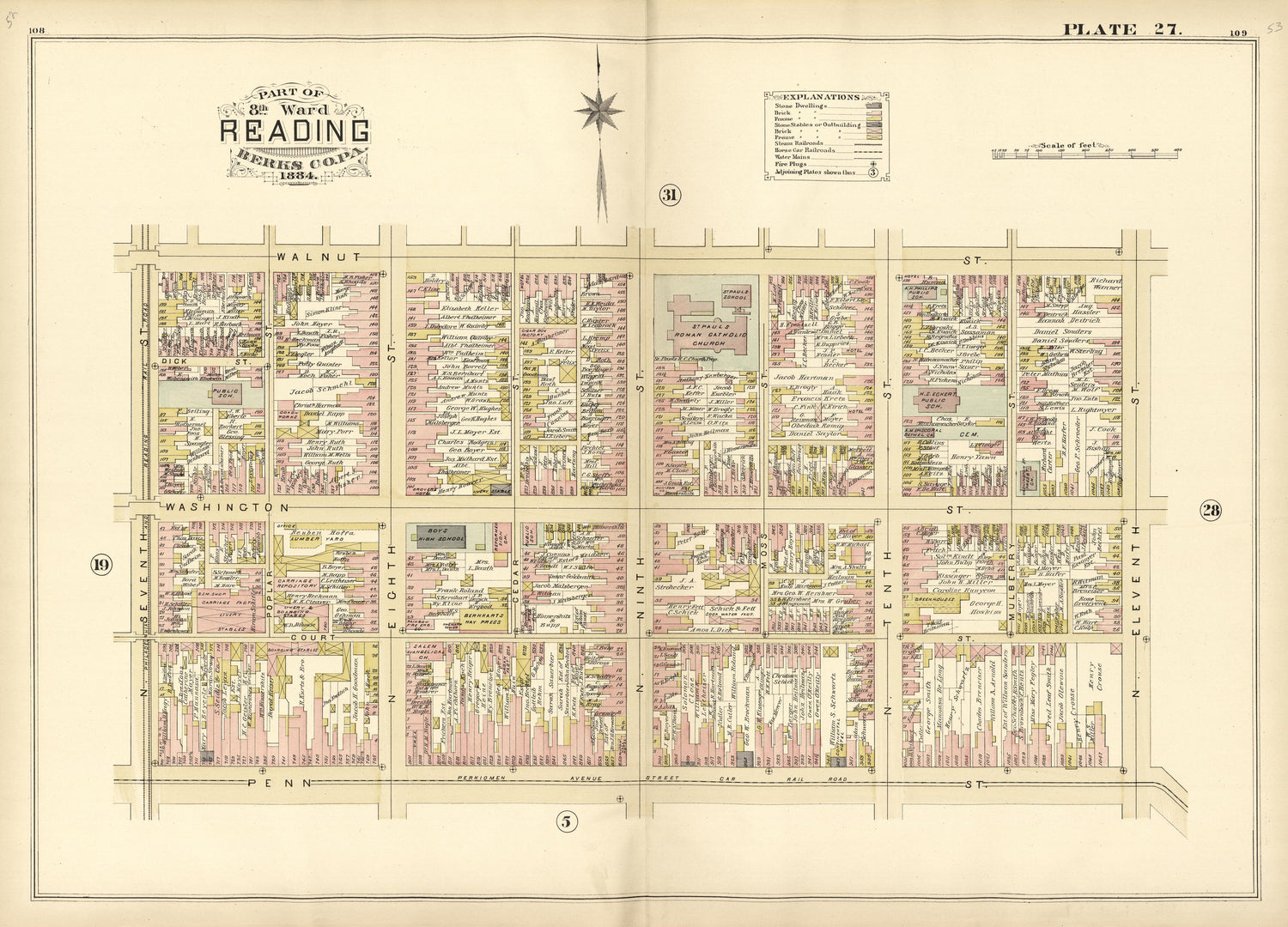 Plate 27: Part of 8th Ward Reading, Berks County, Pa., 1884 from Property and Insurance Atlas of the City of Reading, Berks County, Pennsylvania. : from Official Records and Actual Surveys by Relic Map Company