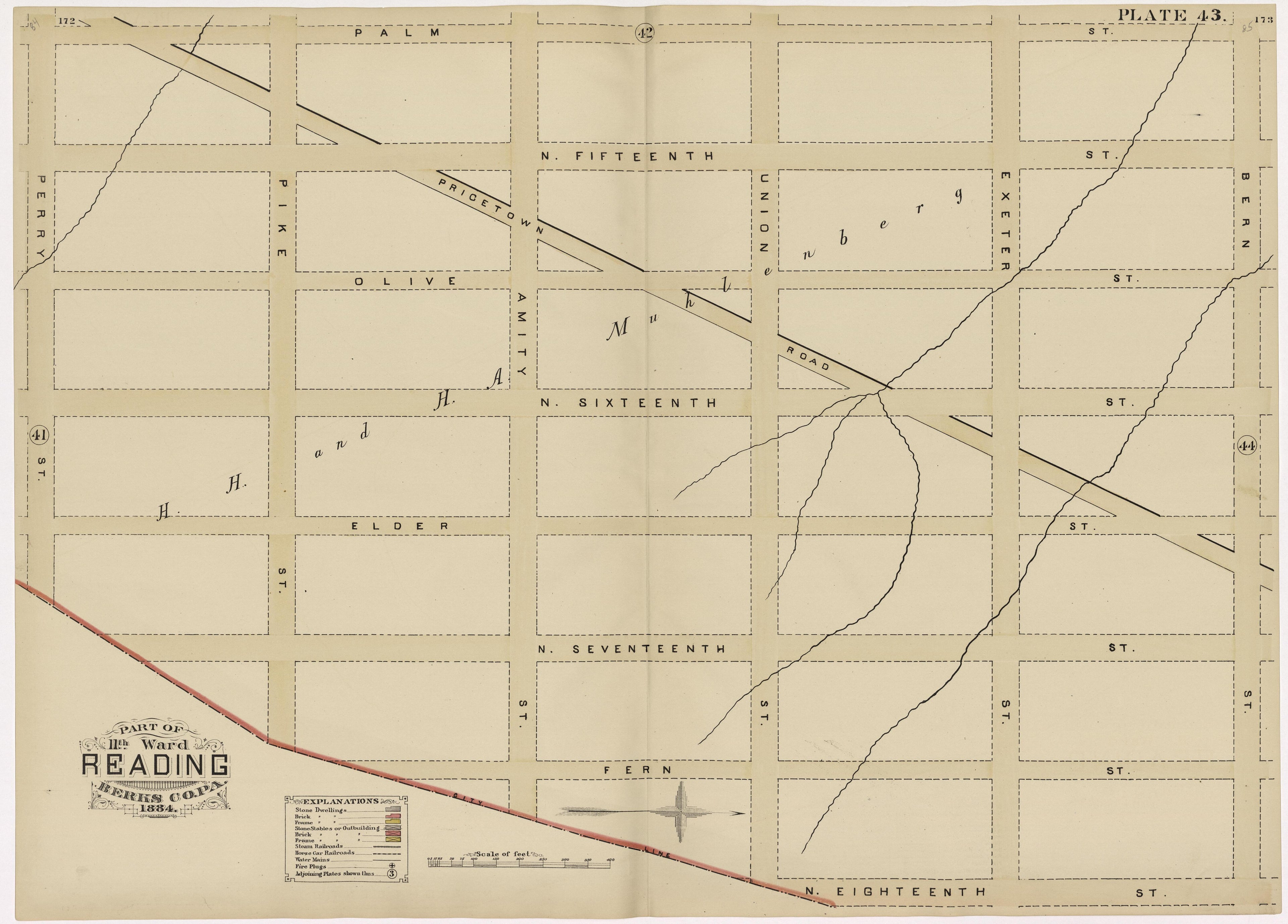 Plate 43: Part of 11th Ward Reading, Berks County, Pa., 1884 from Property and Insurance Atlas of the City of Reading, Berks County, Pennsylvania. : from Official Records and Actual Surveys by Relic Map Company