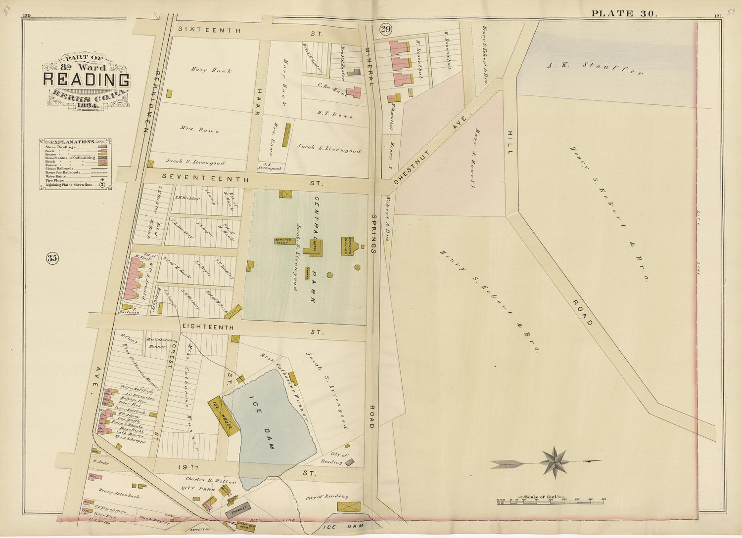Plate 30: Part of 8th Ward Reading, Berks County, Pa., 1884 from Property and Insurance Atlas of the City of Reading, Berks County, Pennsylvania. : from Official Records and Actual Surveys by Relic Map Company