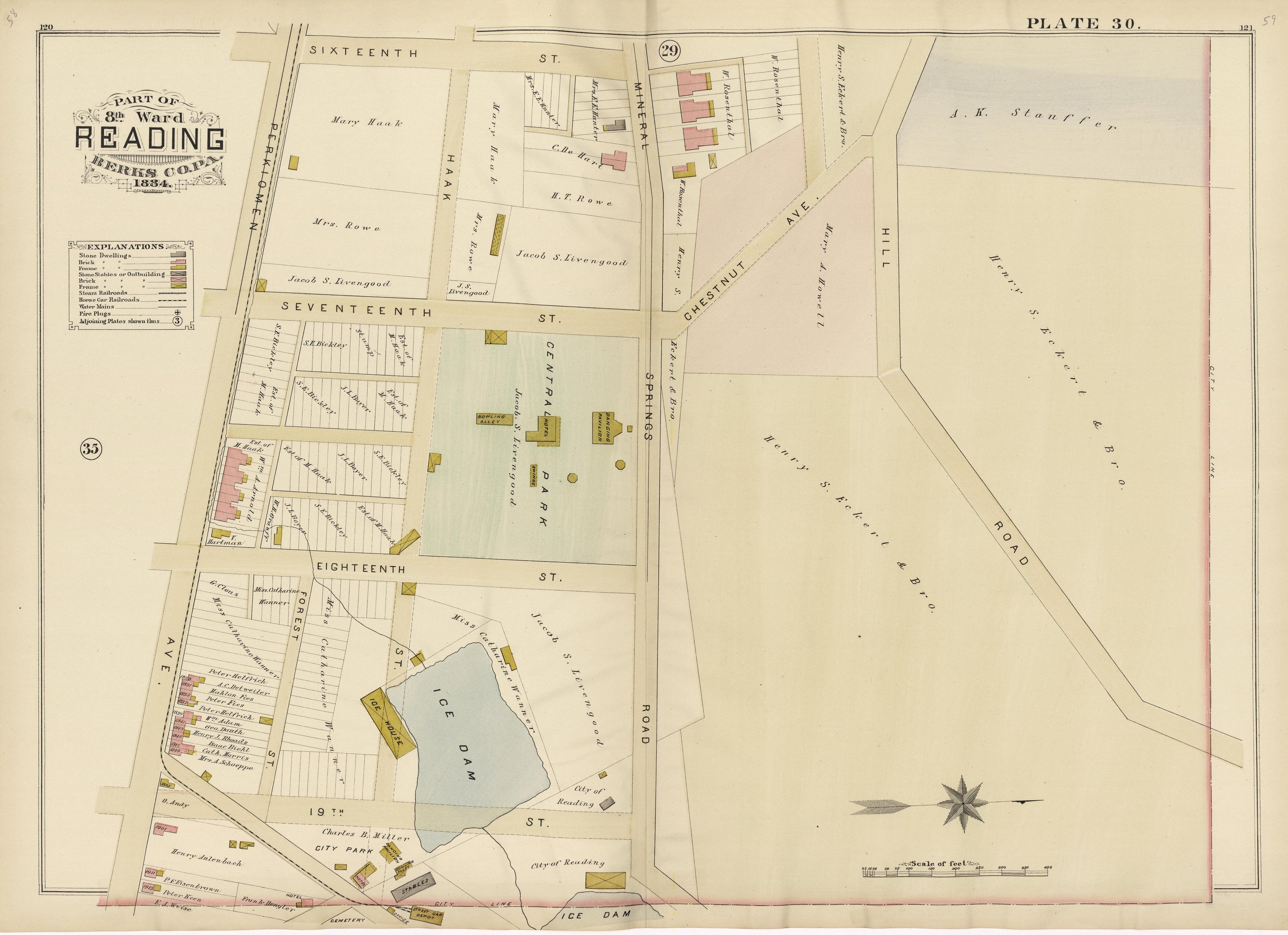 Plate 30: Part of 8th Ward Reading, Berks County, Pa., 1884 from Property and Insurance Atlas of the City of Reading, Berks County, Pennsylvania. : from Official Records and Actual Surveys by Relic Map Company