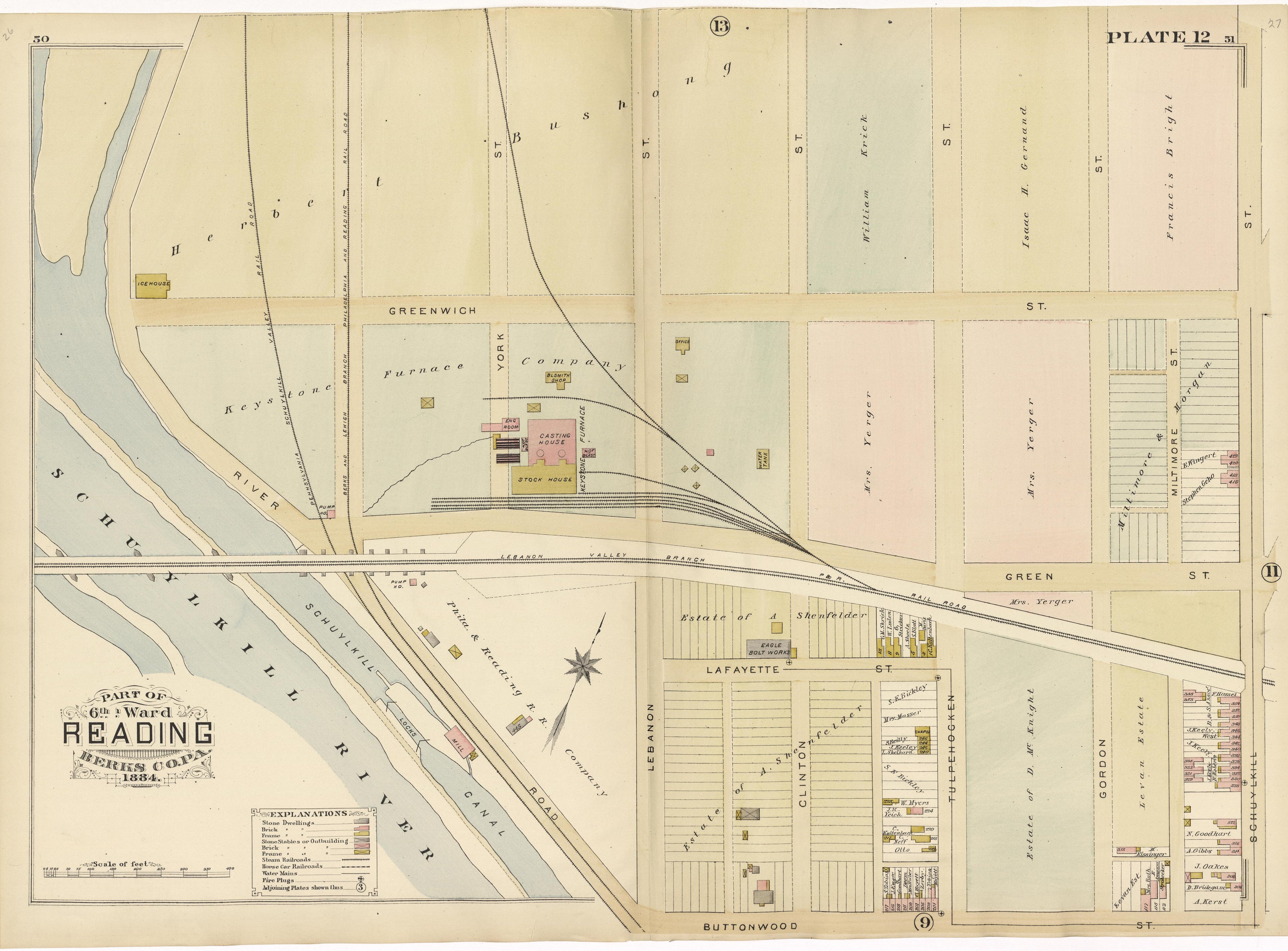 Plate 12: Part of 6th Ward Reading, Berks County, Pa., 1884 from Property and Insurance Atlas of the City of Reading, Berks County, Pennsylvania. : from Official Records and Actual Surveys by Relic Map Company