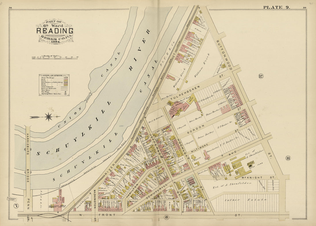 Plate 9: Part of 6th Ward Reading, Berks County, Pa., 1884 from Property and Insurance Atlas of the City of Reading, Berks County, Pennsylvania. : from Official Records and Actual Surveys by Relic Map Company