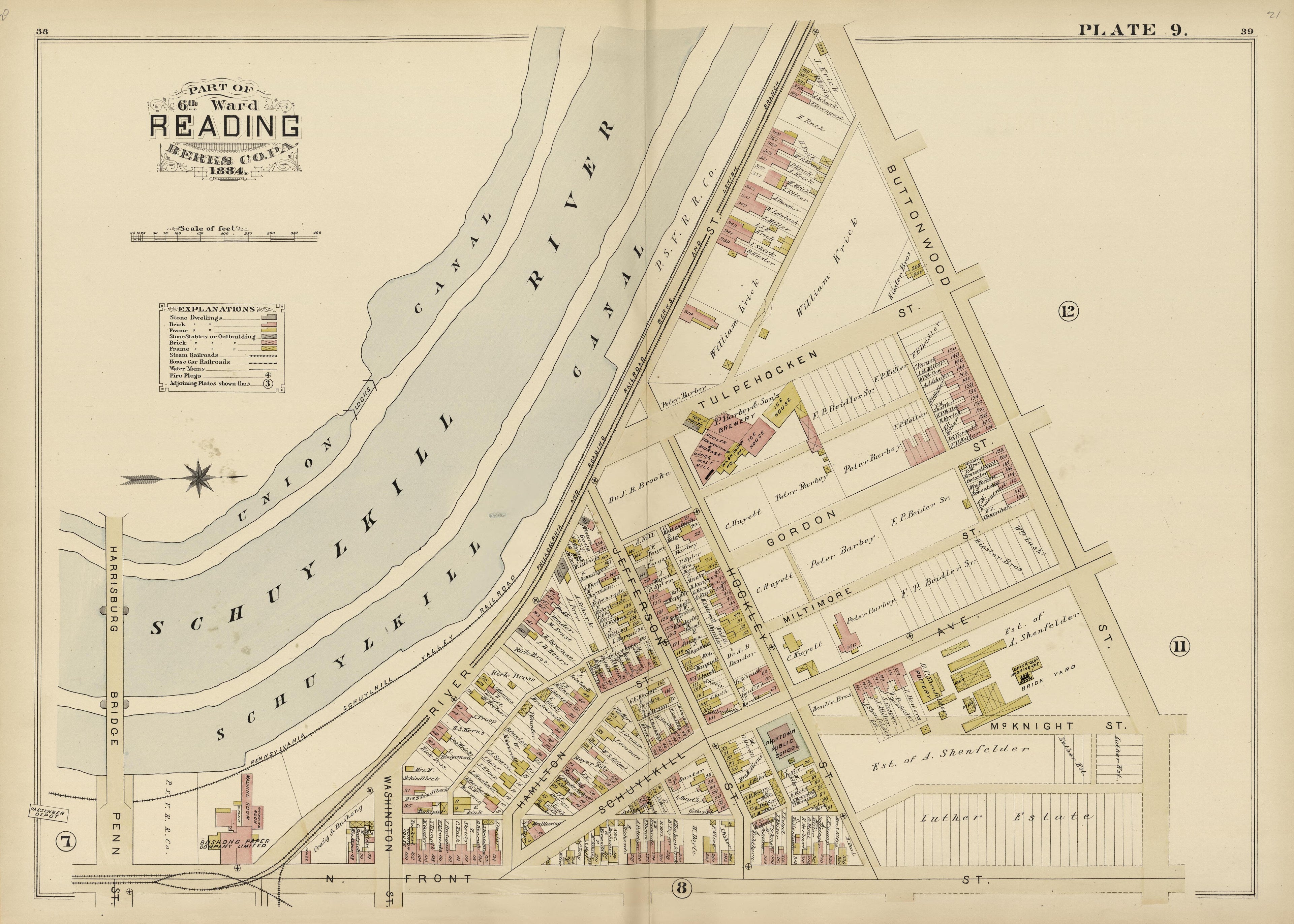 Plate 9: Part of 6th Ward Reading, Berks County, Pa., 1884 from Property and Insurance Atlas of the City of Reading, Berks County, Pennsylvania. : from Official Records and Actual Surveys by Relic Map Company