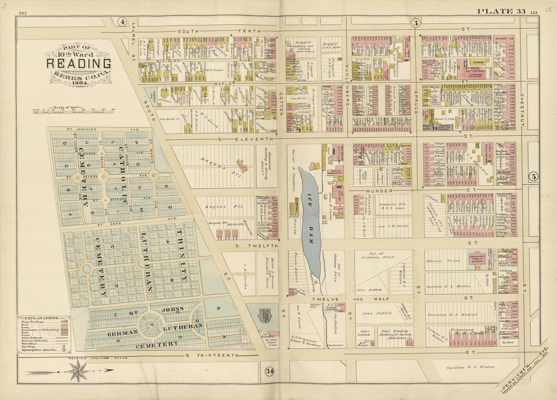 Plate 33: Part of 10th Ward Reading, Berks County, Pa., 1884 from Property and Insurance Atlas of the City of Reading, Berks County, Pennsylvania. : from Official Records and Actual Surveys by Relic Map Company