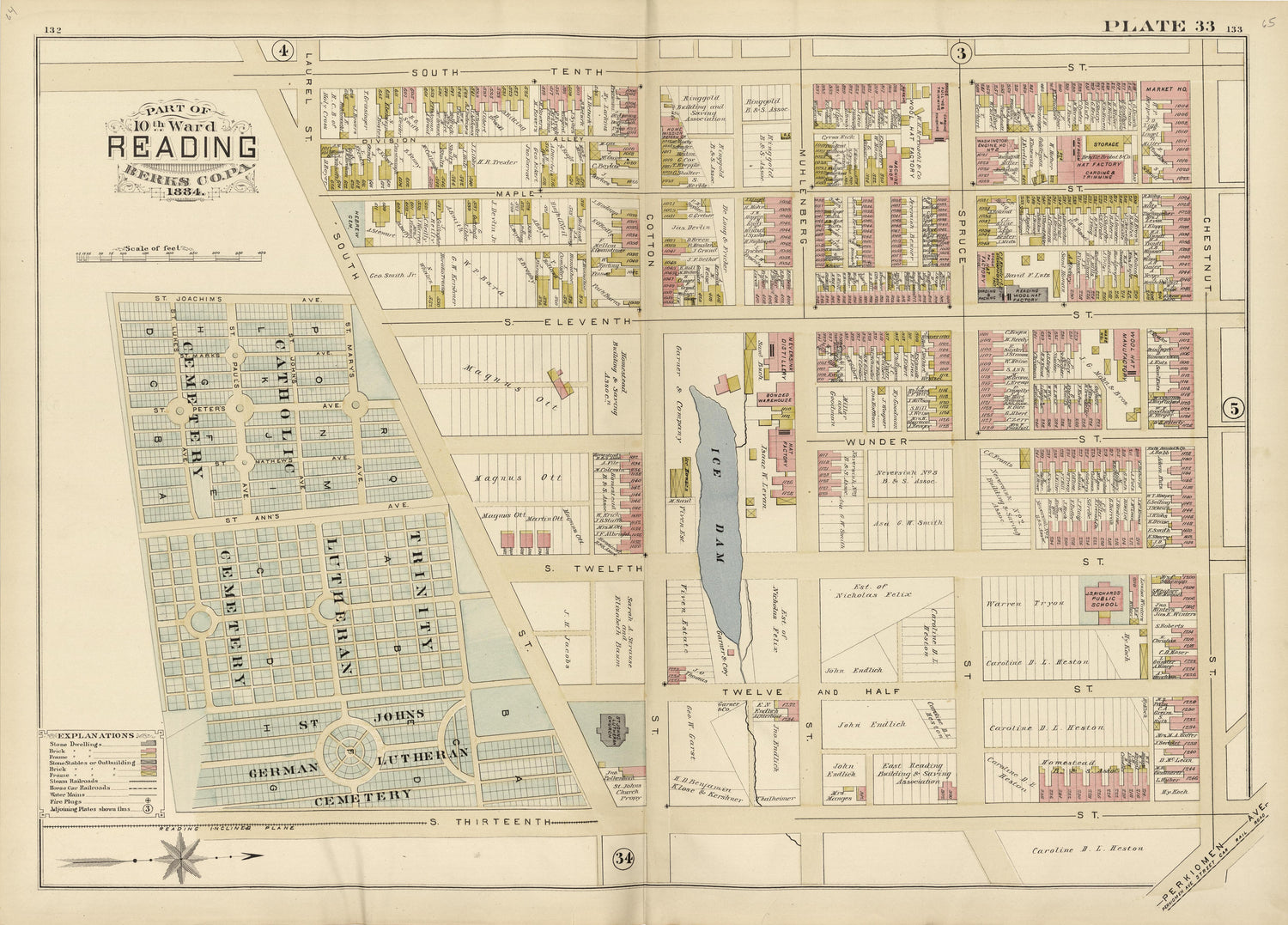 Plate 33: Part of 10th Ward Reading, Berks County, Pa., 1884 from Property and Insurance Atlas of the City of Reading, Berks County, Pennsylvania. : from Official Records and Actual Surveys by Relic Map Company