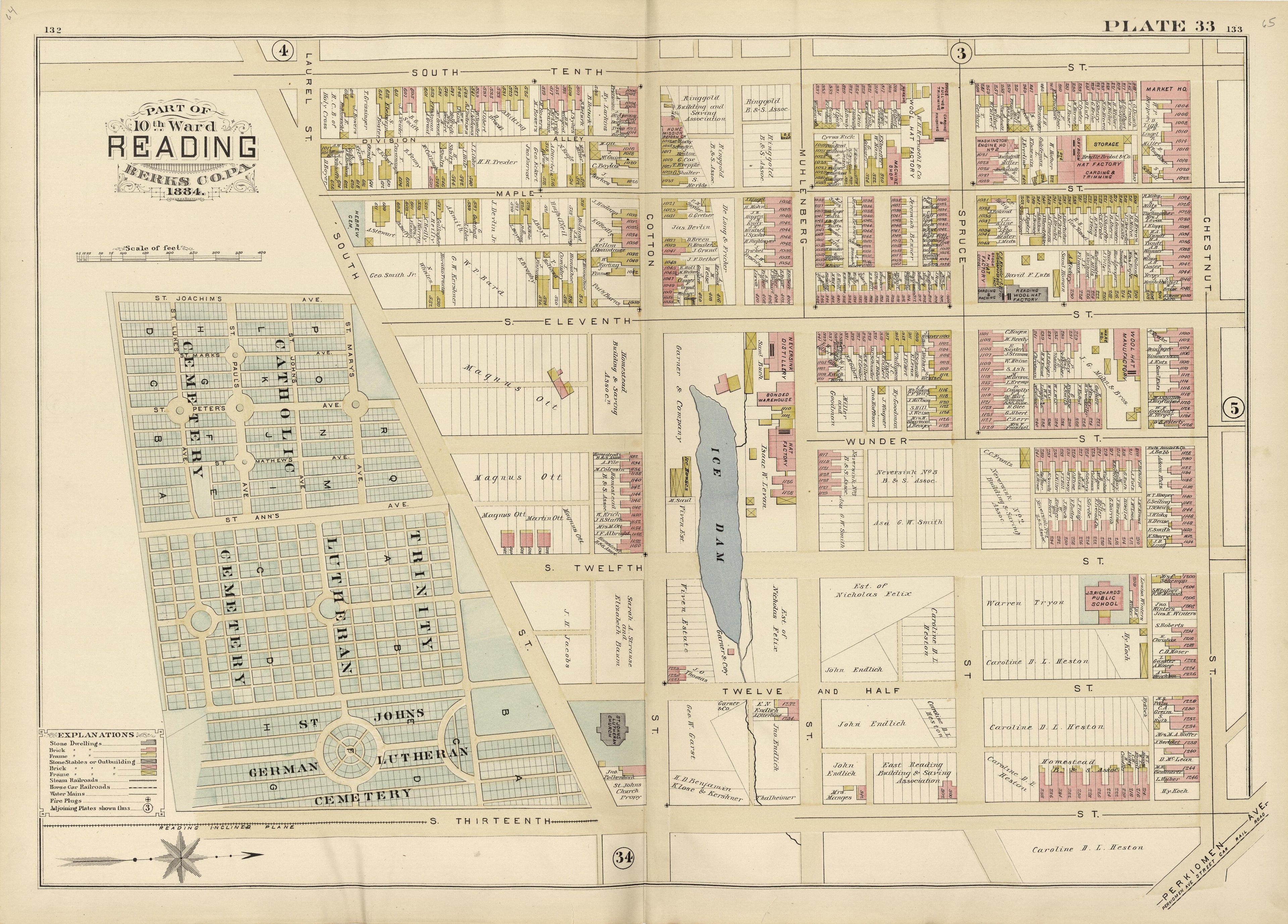 Plate 33: Part of 10th Ward Reading, Berks County, Pa., 1884 from Property and Insurance Atlas of the City of Reading, Berks County, Pennsylvania. : from Official Records and Actual Surveys by Relic Map Company