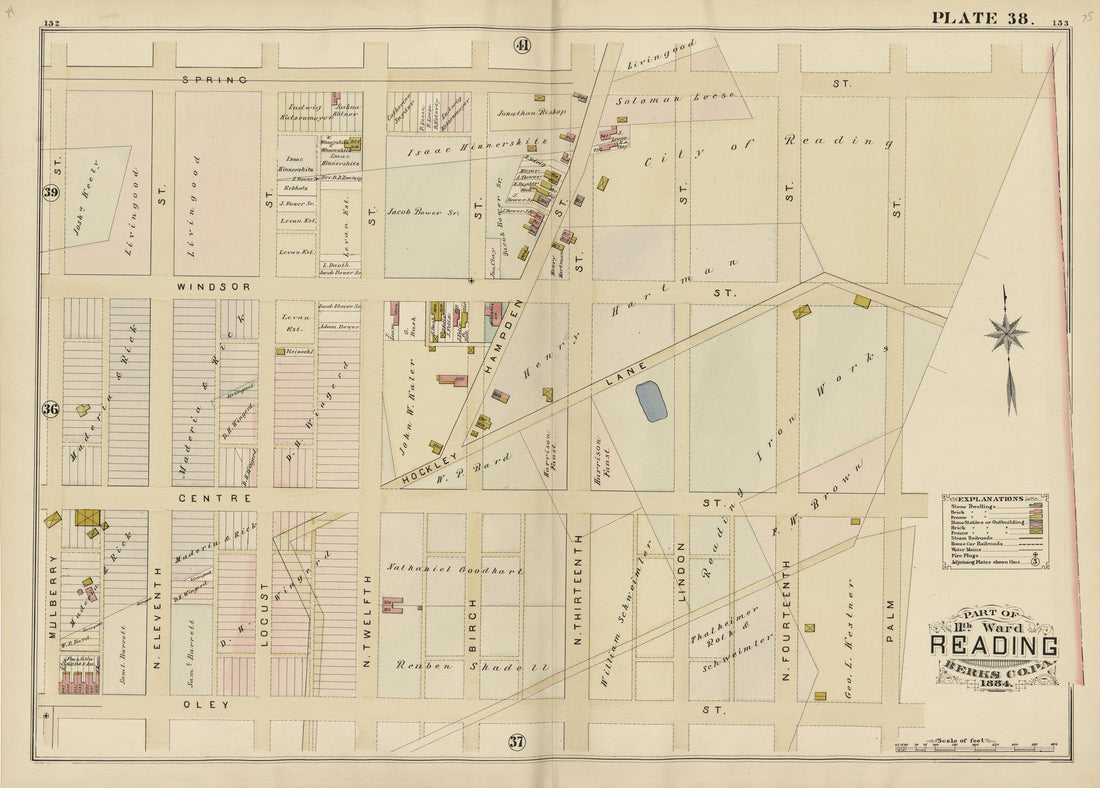 Plate 38: Part of 11th Ward Reading, Berks County, Pa., 1884 from Property and Insurance Atlas of the City of Reading, Berks County, Pennsylvania. : from Official Records and Actual Surveys by Relic Map Company