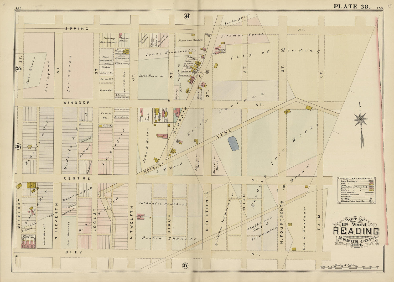 Plate 38: Part of 11th Ward Reading, Berks County, Pa., 1884 from Property and Insurance Atlas of the City of Reading, Berks County, Pennsylvania. : from Official Records and Actual Surveys by Relic Map Company