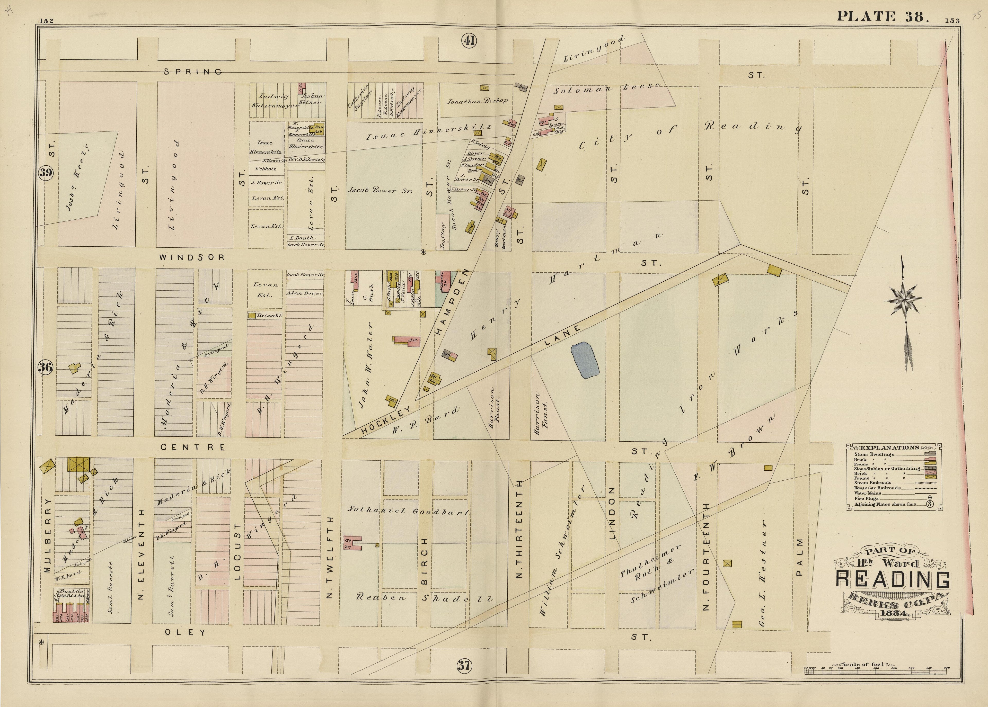 Plate 38: Part of 11th Ward Reading, Berks County, Pa., 1884 from Property and Insurance Atlas of the City of Reading, Berks County, Pennsylvania. : from Official Records and Actual Surveys by Relic Map Company