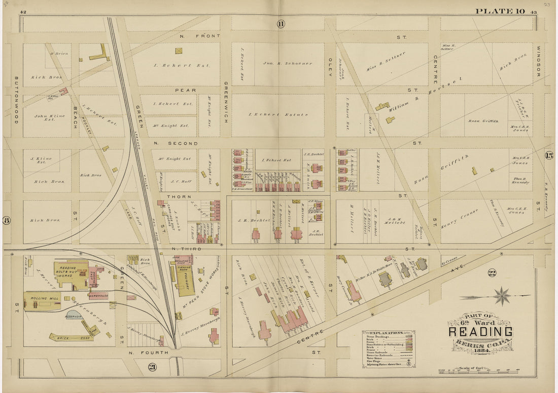 Plate 10: Part of 6th Ward Reading, Berks County, Pa., 1884 from Property and Insurance Atlas of the City of Reading, Berks County, Pennsylvania. : from Official Records and Actual Surveys by Relic Map Company
