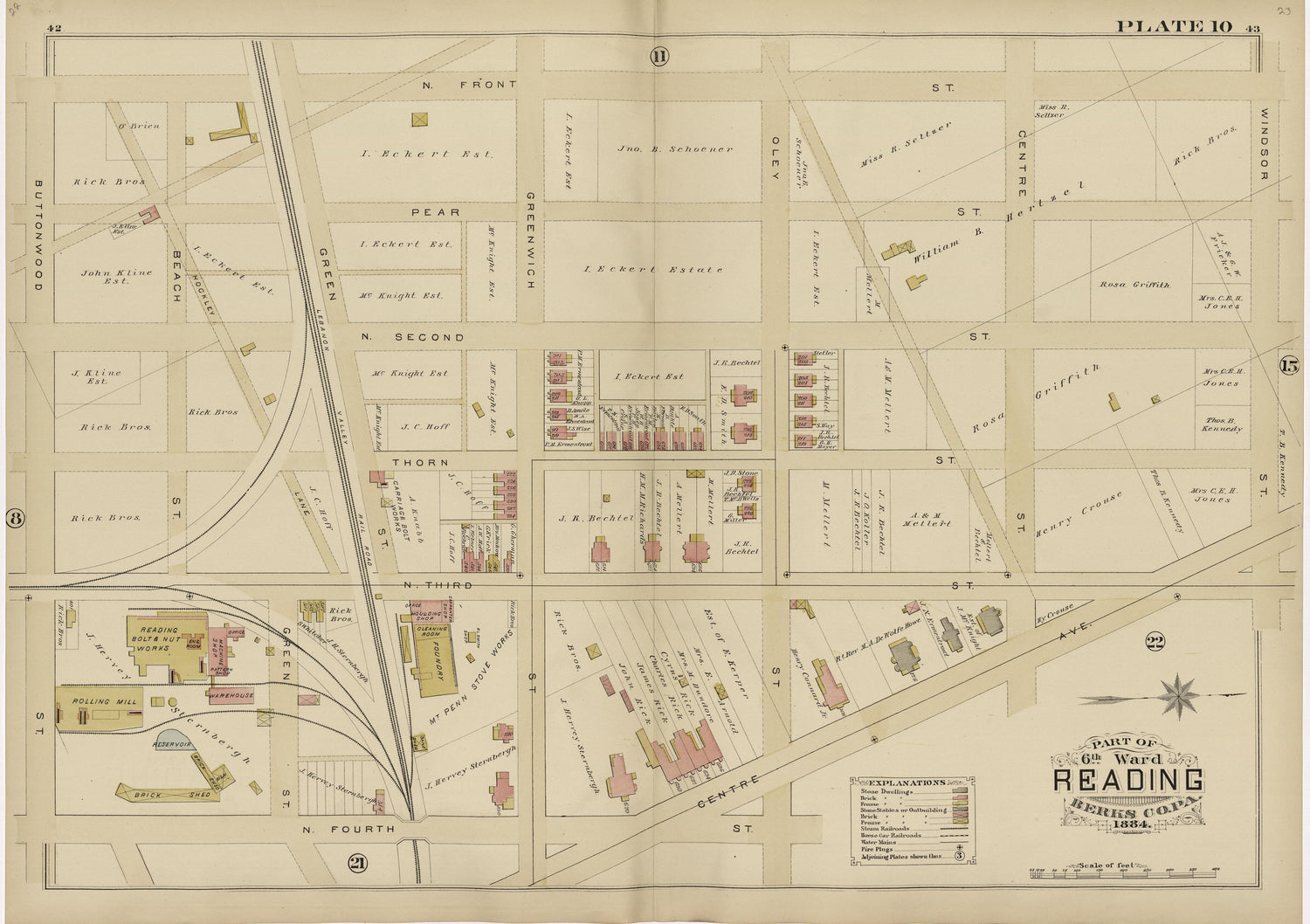 Plate 10: Part of 6th Ward Reading, Berks County, Pa., 1884 from Property and Insurance Atlas of the City of Reading, Berks County, Pennsylvania. : from Official Records and Actual Surveys by Relic Map Company
