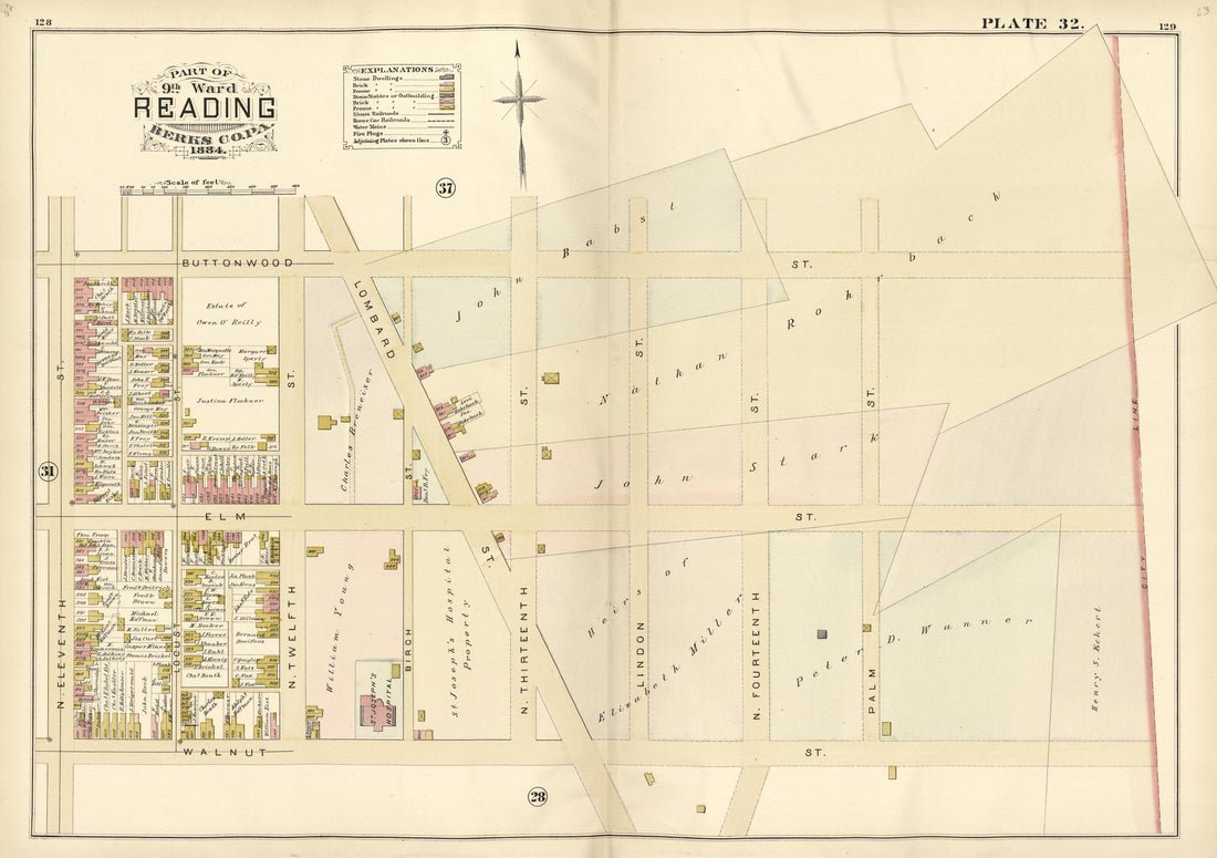 Plate 32: Part of 9th Ward Reading, Berks County, Pa., 1884 from Property and Insurance Atlas of the City of Reading, Berks County, Pennsylvania. : from Official Records and Actual Surveys by Relic Map Company
