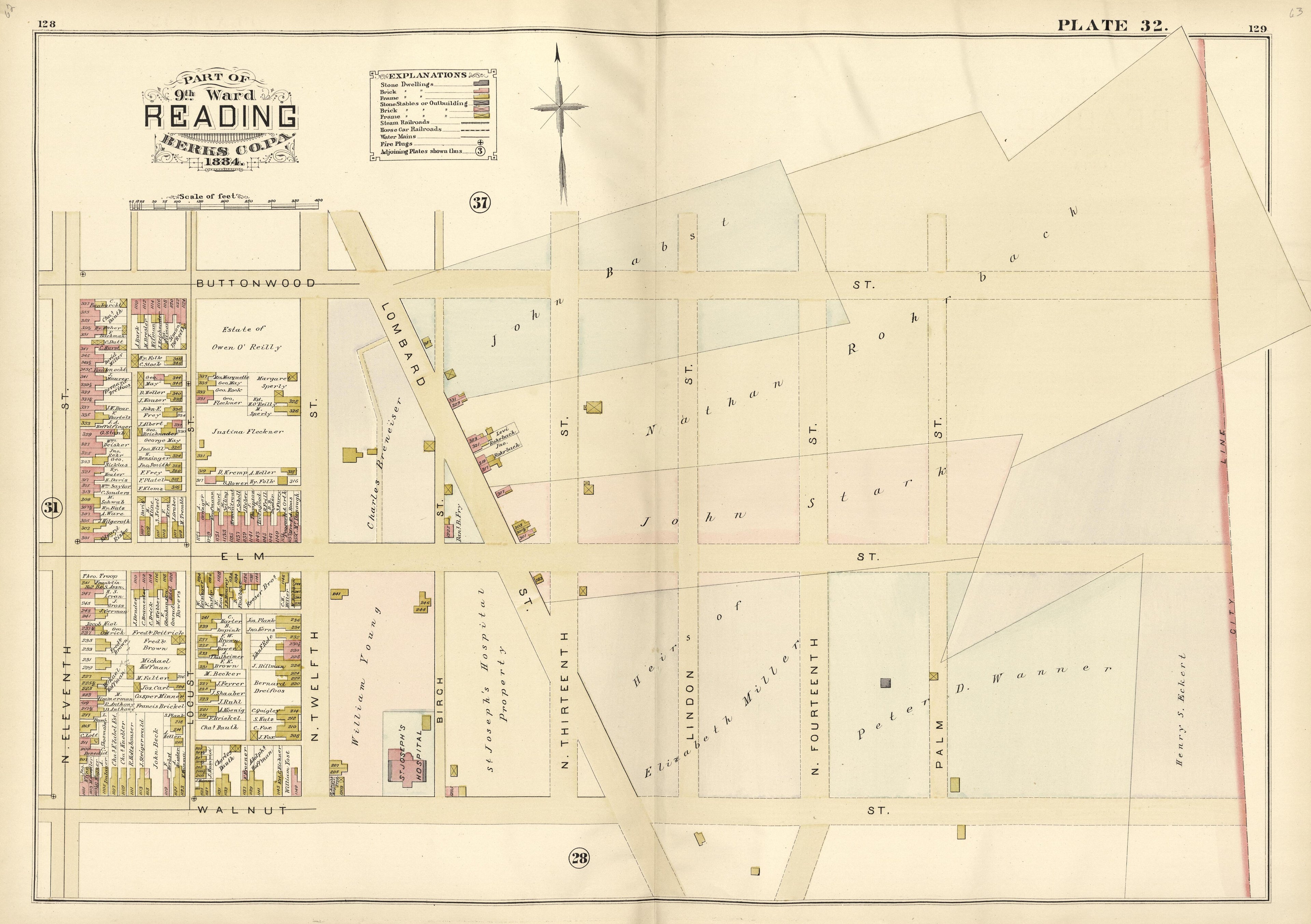 Plate 32: Part of 9th Ward Reading, Berks County, Pa., 1884 from Property and Insurance Atlas of the City of Reading, Berks County, Pennsylvania. : from Official Records and Actual Surveys by Relic Map Company