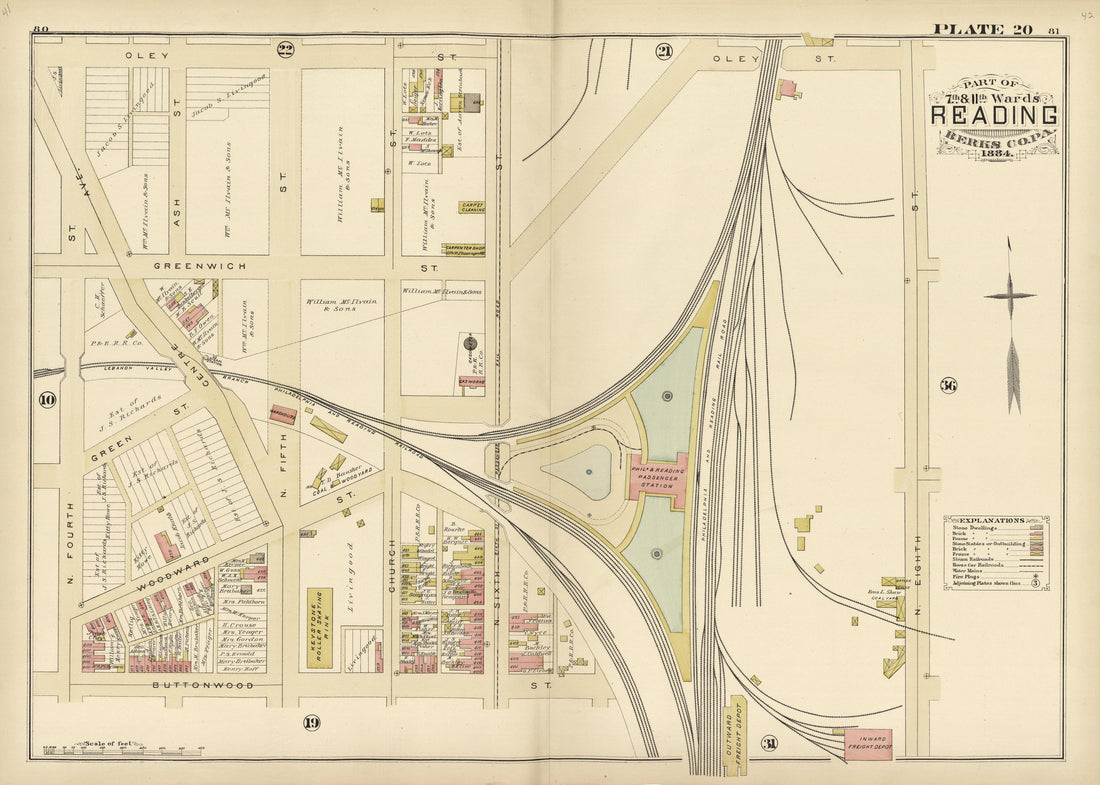 Plate 20: Part of 7th and 11th Wards Reading, Berks County, Pa., 1884 from Property and Insurance Atlas of the City of Reading, Berks County, Pennsylvania. : from Official Records and Actual Surveys by Relic Map Company