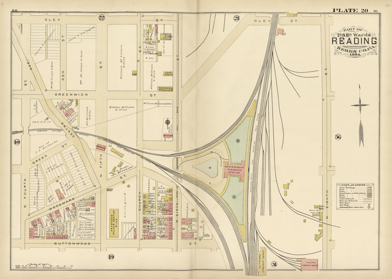 Plate 20: Part of 7th and 11th Wards Reading, Berks County, Pa., 1884 from Property and Insurance Atlas of the City of Reading, Berks County, Pennsylvania. : from Official Records and Actual Surveys by Relic Map Company