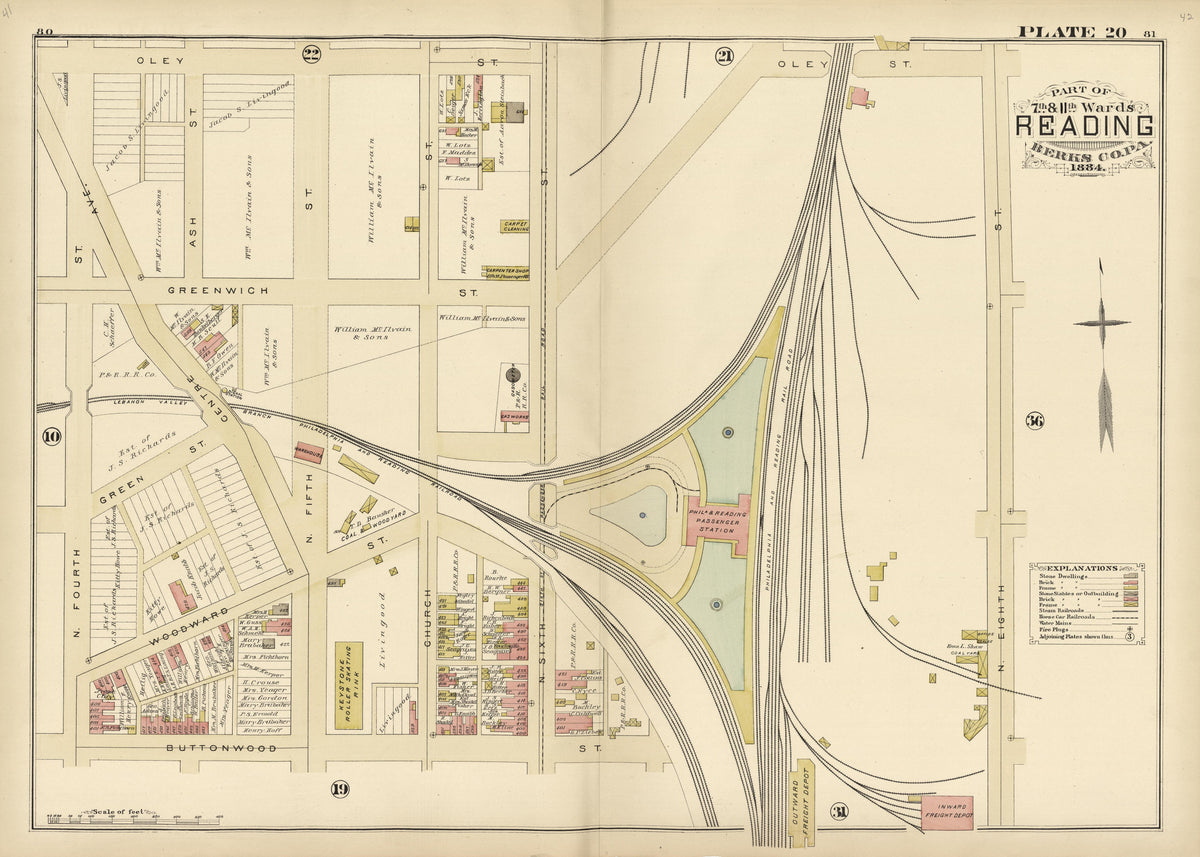 Plate 20: Part of 7th and 11th Wards Reading, Berks County, Pa., 1884 from Property and Insurance Atlas of the City of Reading, Berks County, Pennsylvania. : from Official Records and Actual Surveys by Relic Map Company