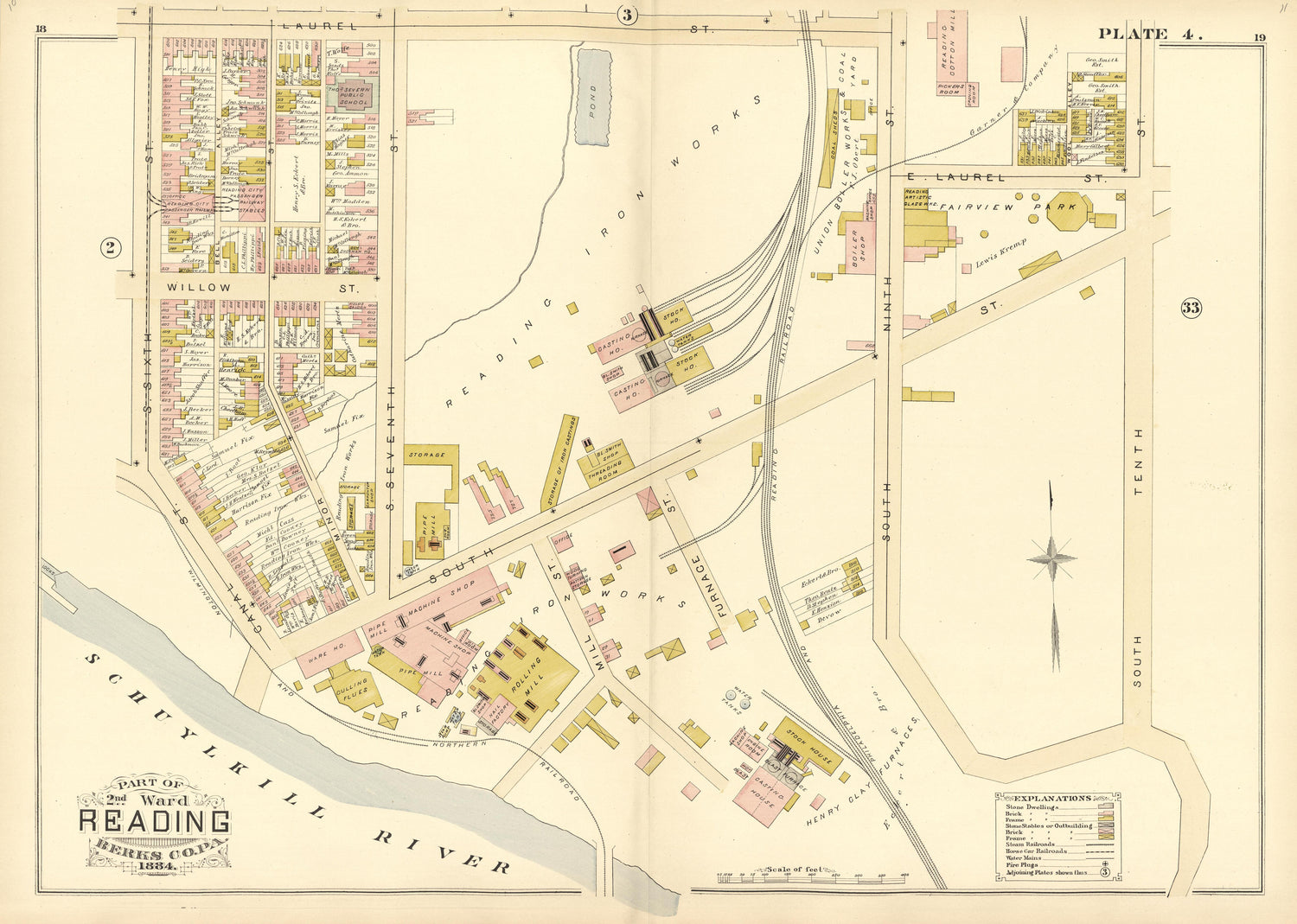 Plate 4: Part of 2nd Ward Reading, Berks County, Pa., 1884 from Property and Insurance Atlas of the City of Reading, Berks County, Pennsylvania. : from Official Records and Actual Surveys by Relic Map Company