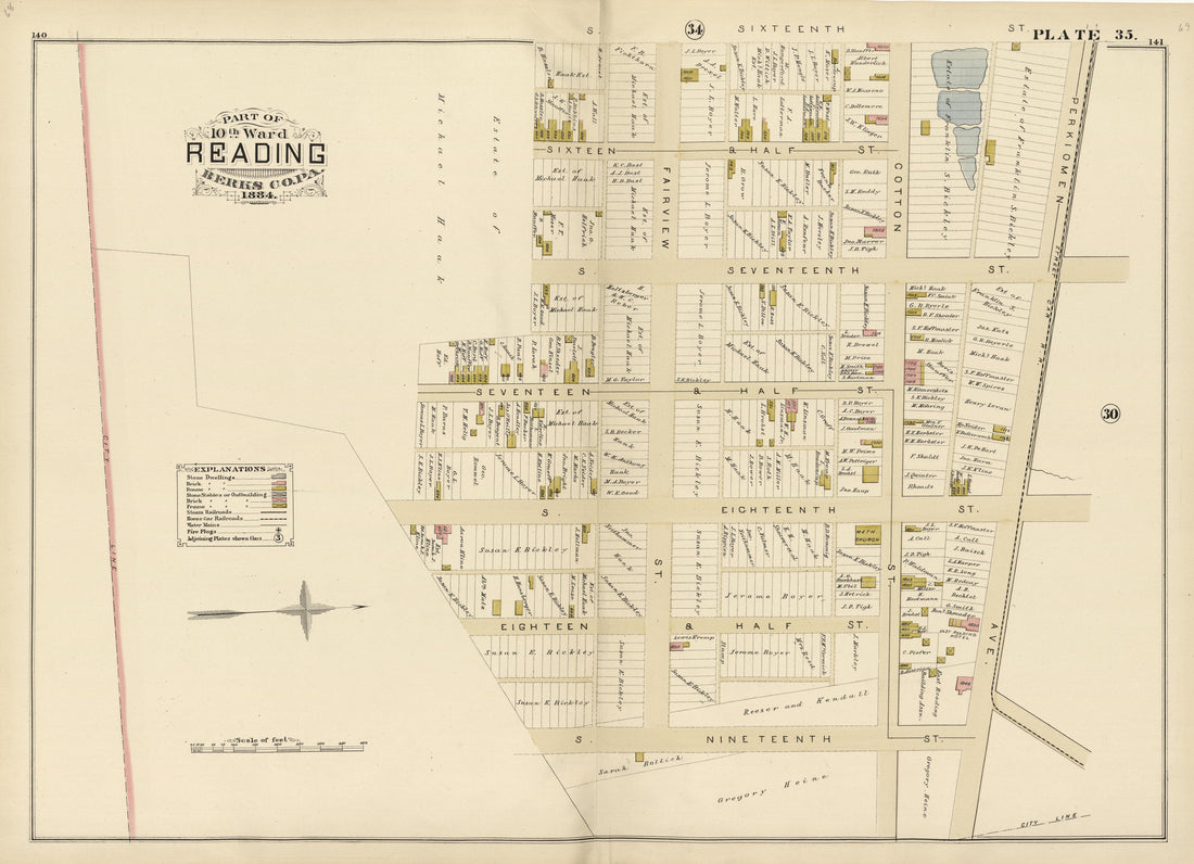 Plate 35: Part of 10th Ward Reading, Berks County, Pa., 1884 from Property and Insurance Atlas of the City of Reading, Berks County, Pennsylvania. : from Official Records and Actual Surveys by Relic Map Company