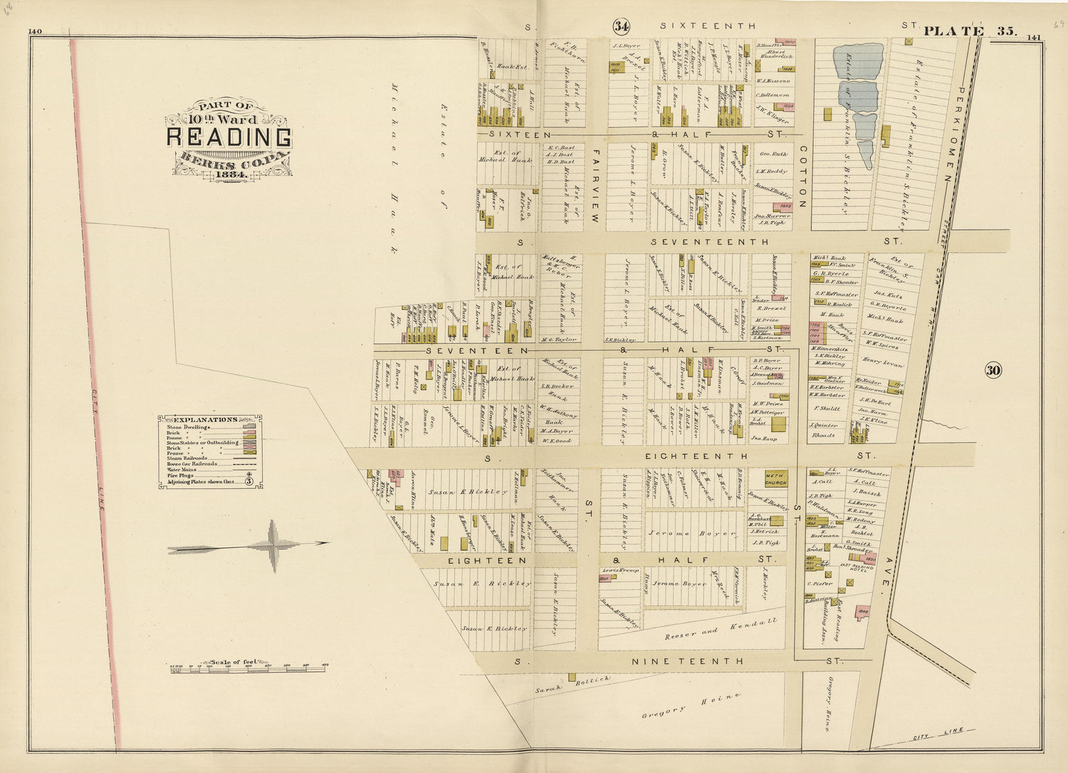 Plate 35: Part of 10th Ward Reading, Berks County, Pa., 1884 from Property and Insurance Atlas of the City of Reading, Berks County, Pennsylvania. : from Official Records and Actual Surveys by Relic Map Company