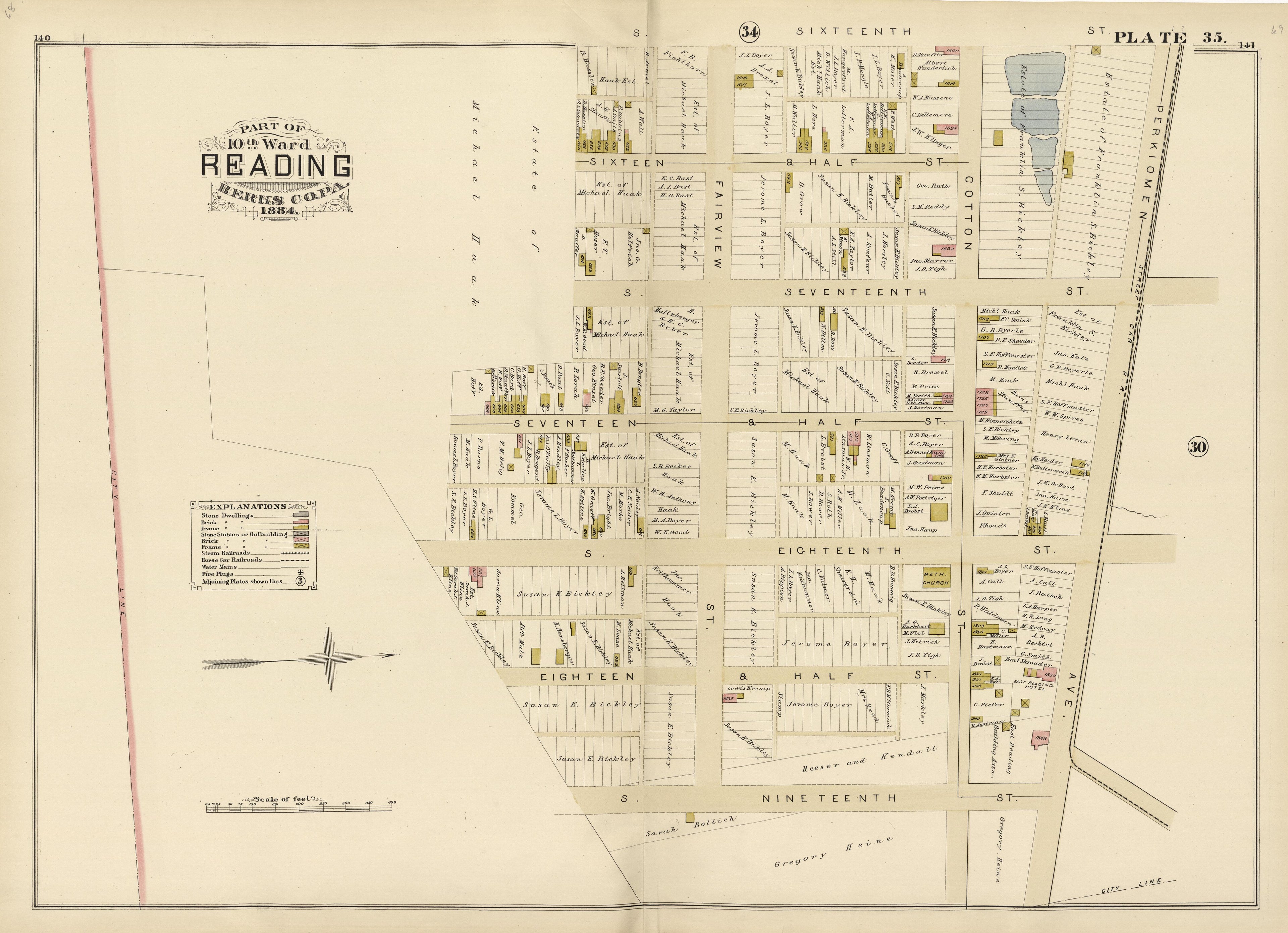 Plate 35: Part of 10th Ward Reading, Berks County, Pa., 1884 from Property and Insurance Atlas of the City of Reading, Berks County, Pennsylvania. : from Official Records and Actual Surveys by Relic Map Company