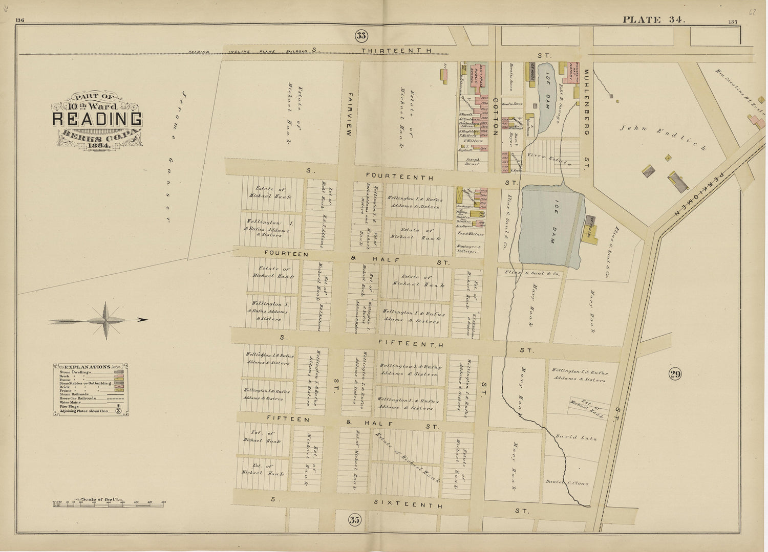 Plate 34: Part of 10th Ward Reading, Berks County, Pa., 1884 from Property and Insurance Atlas of the City of Reading, Berks County, Pennsylvania. : from Official Records and Actual Surveys by Relic Map Company