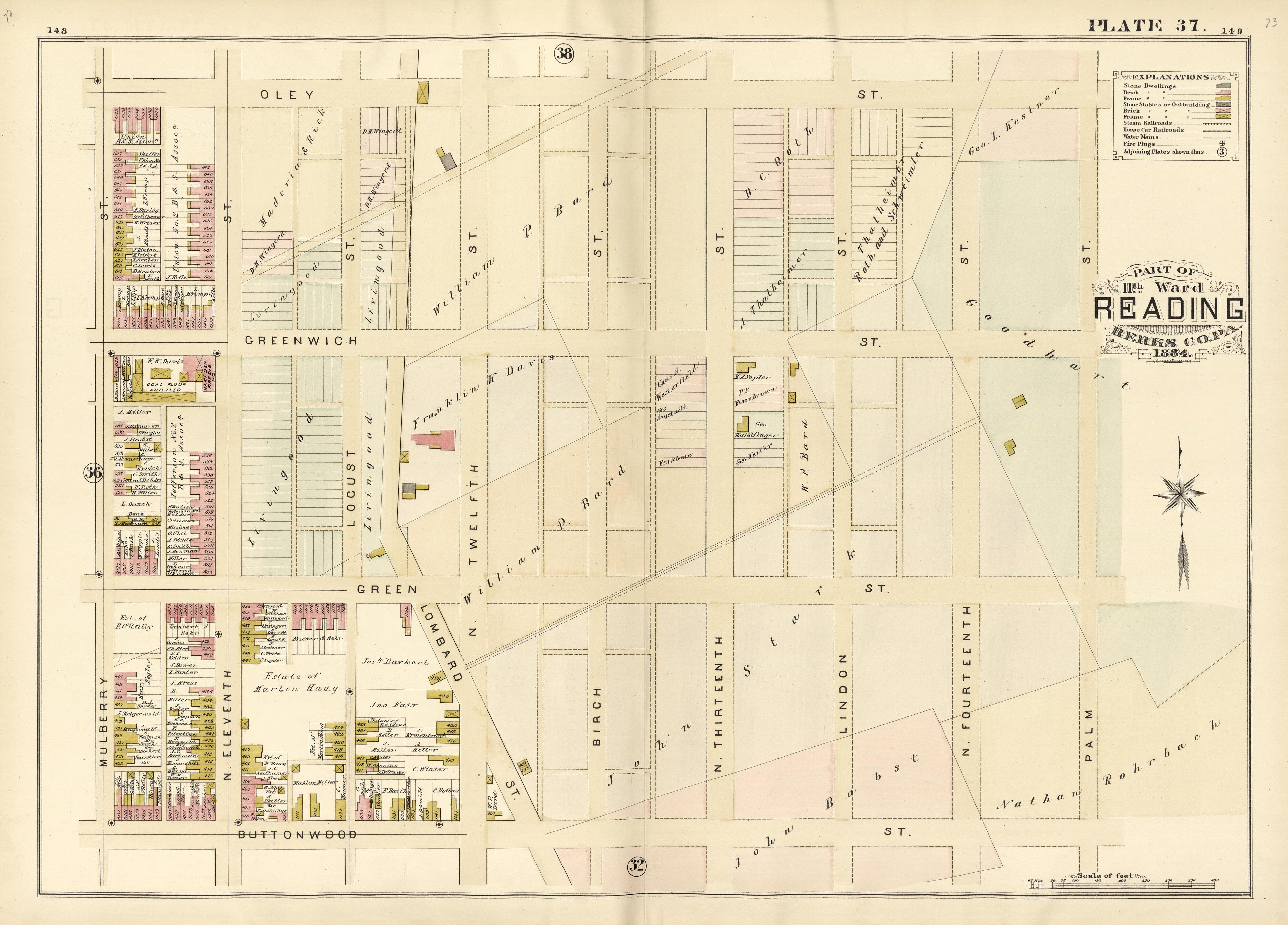 Plate 37: Part of 11th Ward Reading, Berks County, Pa., 1884 from Property and Insurance Atlas of the City of Reading, Berks County, Pennsylvania. : from Official Records and Actual Surveys by Relic Map Company