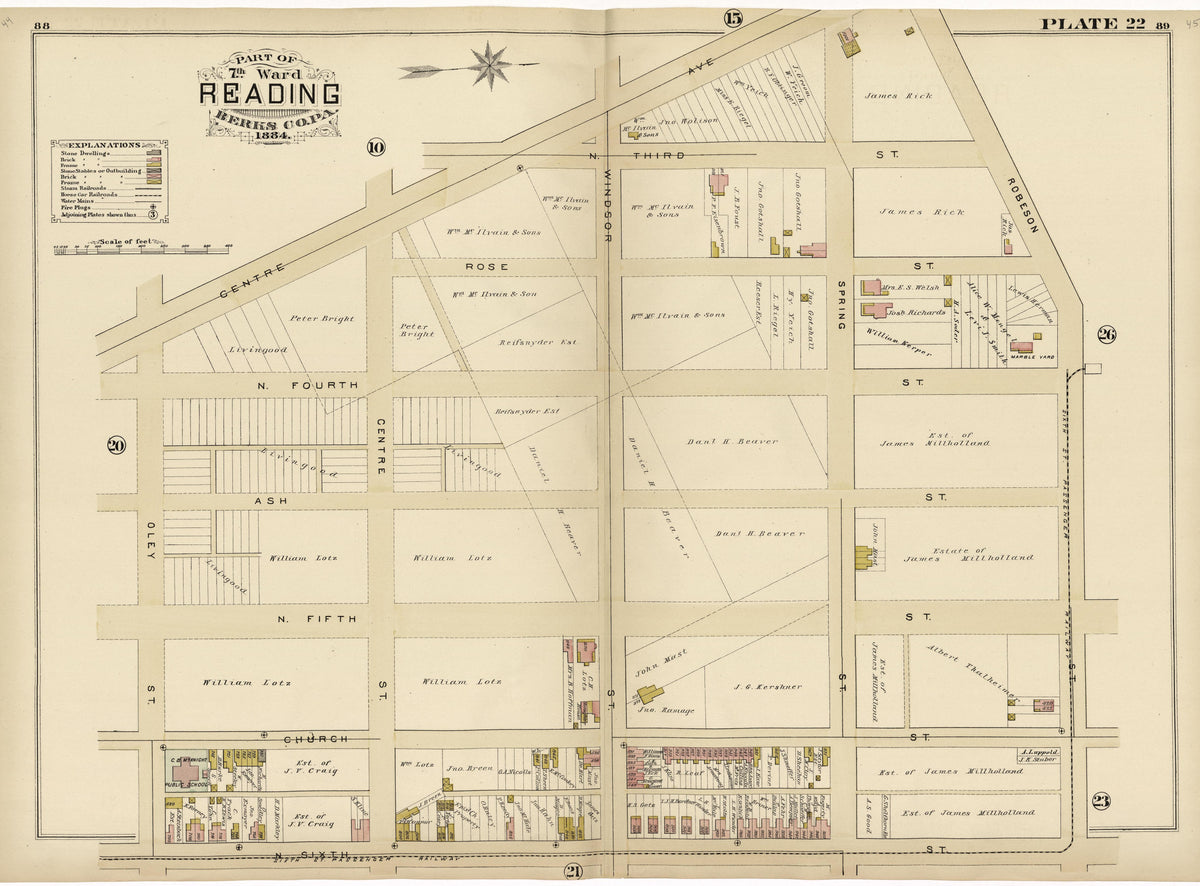 Plate 22: Part of 7th Ward Reading, Berks County, Pa., 1884 from Property and Insurance Atlas of the City of Reading, Berks County, Pennsylvania. : from Official Records and Actual Surveys by Relic Map Company