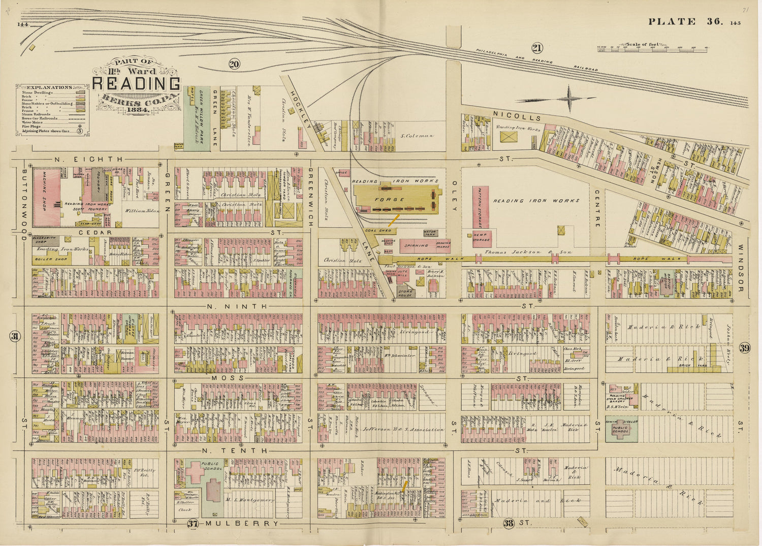 Plate 36: Part of 11th Ward Reading, Berks County, Pa., 1884 from Property and Insurance Atlas of the City of Reading, Berks County, Pennsylvania. : from Official Records and Actual Surveys by Relic Map Company