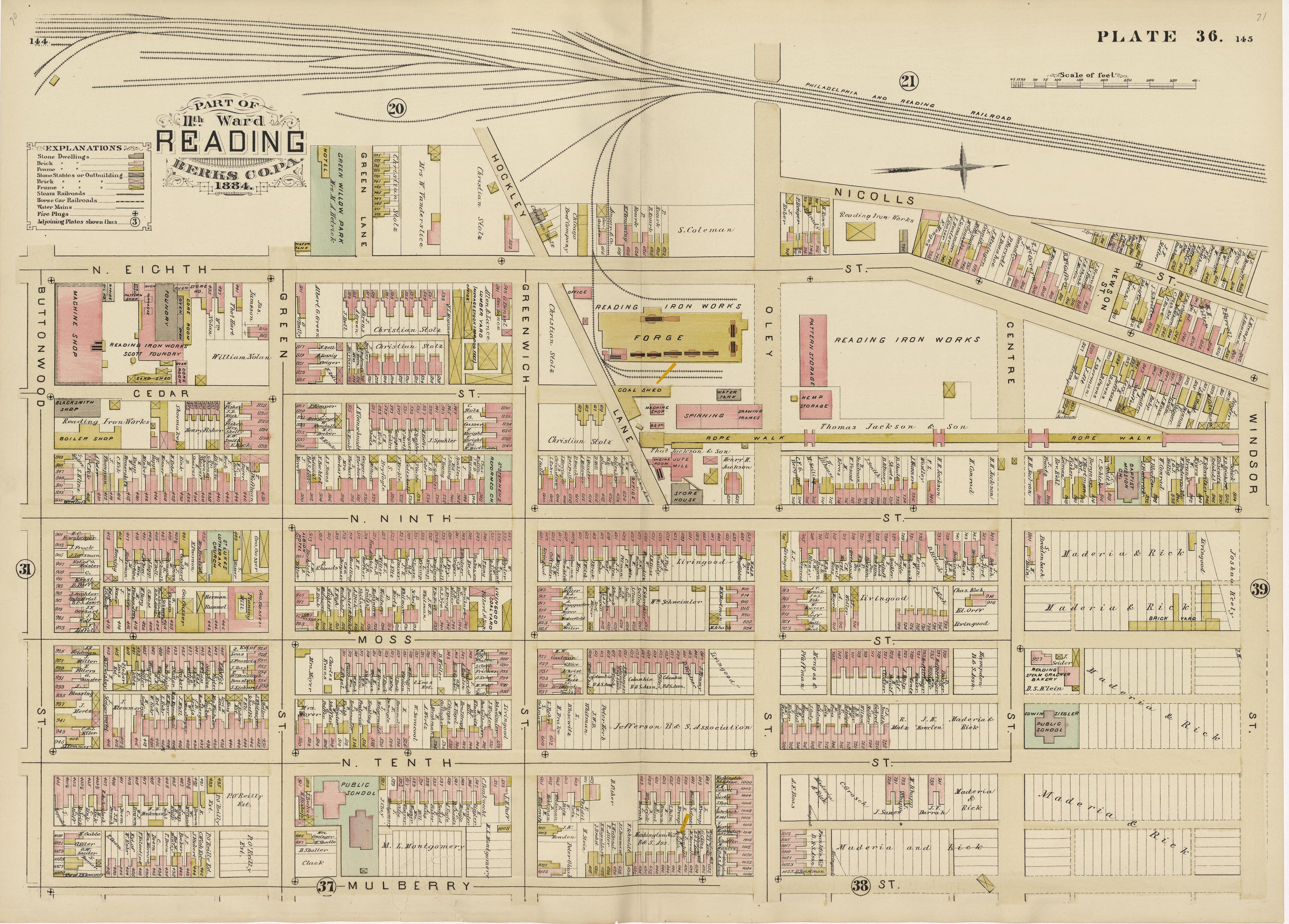 Plate 36: Part of 11th Ward Reading, Berks County, Pa., 1884 from Property and Insurance Atlas of the City of Reading, Berks County, Pennsylvania. : from Official Records and Actual Surveys by Relic Map Company