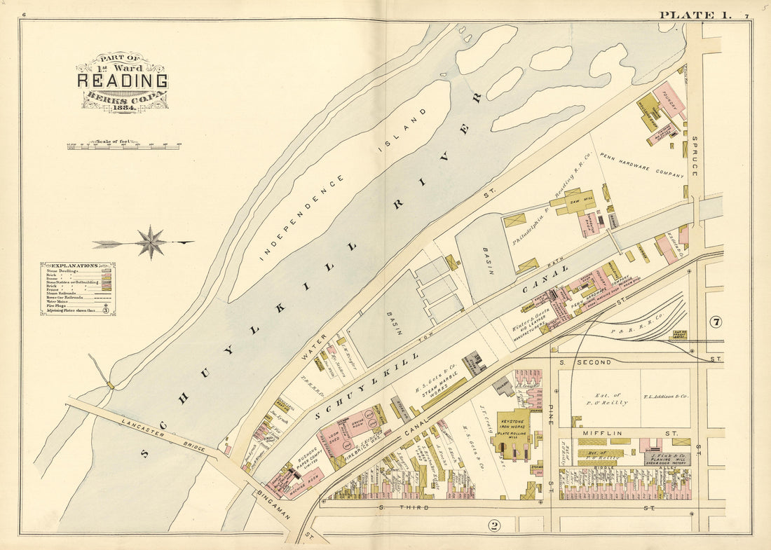 Plate 1: Part of 1st Ward Reading, Berks County, Pa., 1884 from Property and Insurance Atlas of the City of Reading, Berks County, Pennsylvania. : from Official Records and Actual Surveys by Relic Map Company