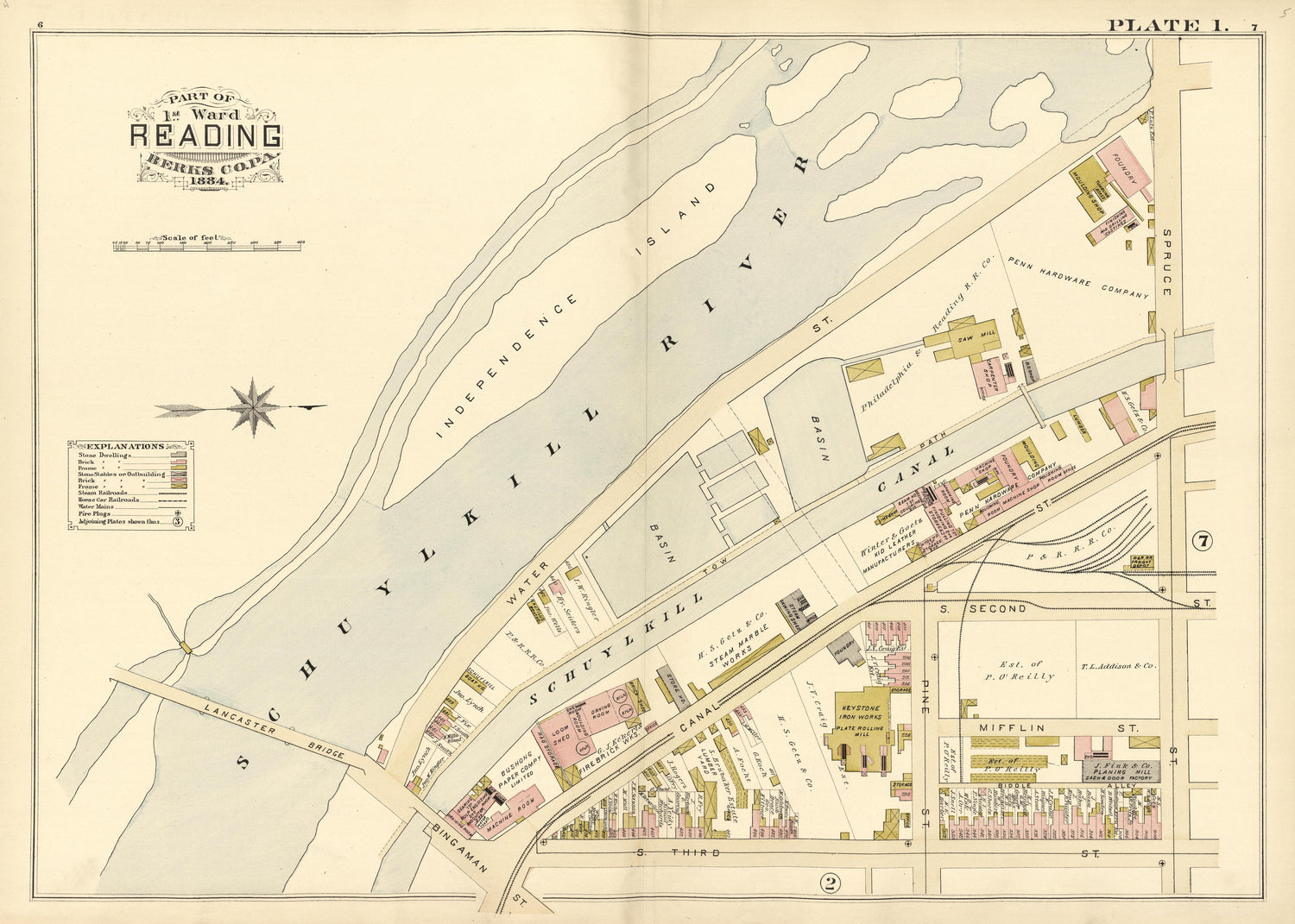 Plate 1: Part of 1st Ward Reading, Berks County, Pa., 1884 from Property and Insurance Atlas of the City of Reading, Berks County, Pennsylvania. : from Official Records and Actual Surveys by Relic Map Company