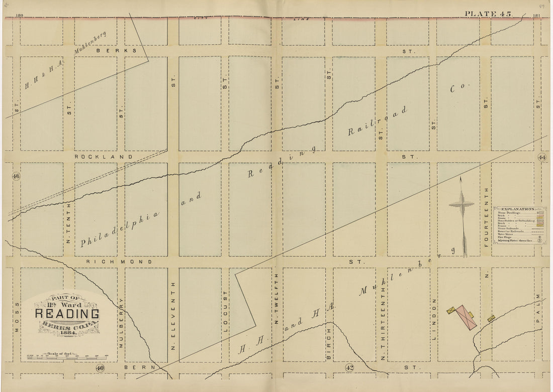 Plate 45: Part of 11th Ward Reading, Berks County, Pa., 1884 from Property and Insurance Atlas of the City of Reading, Berks County, Pennsylvania. : from Official Records and Actual Surveys by Relic Map Company