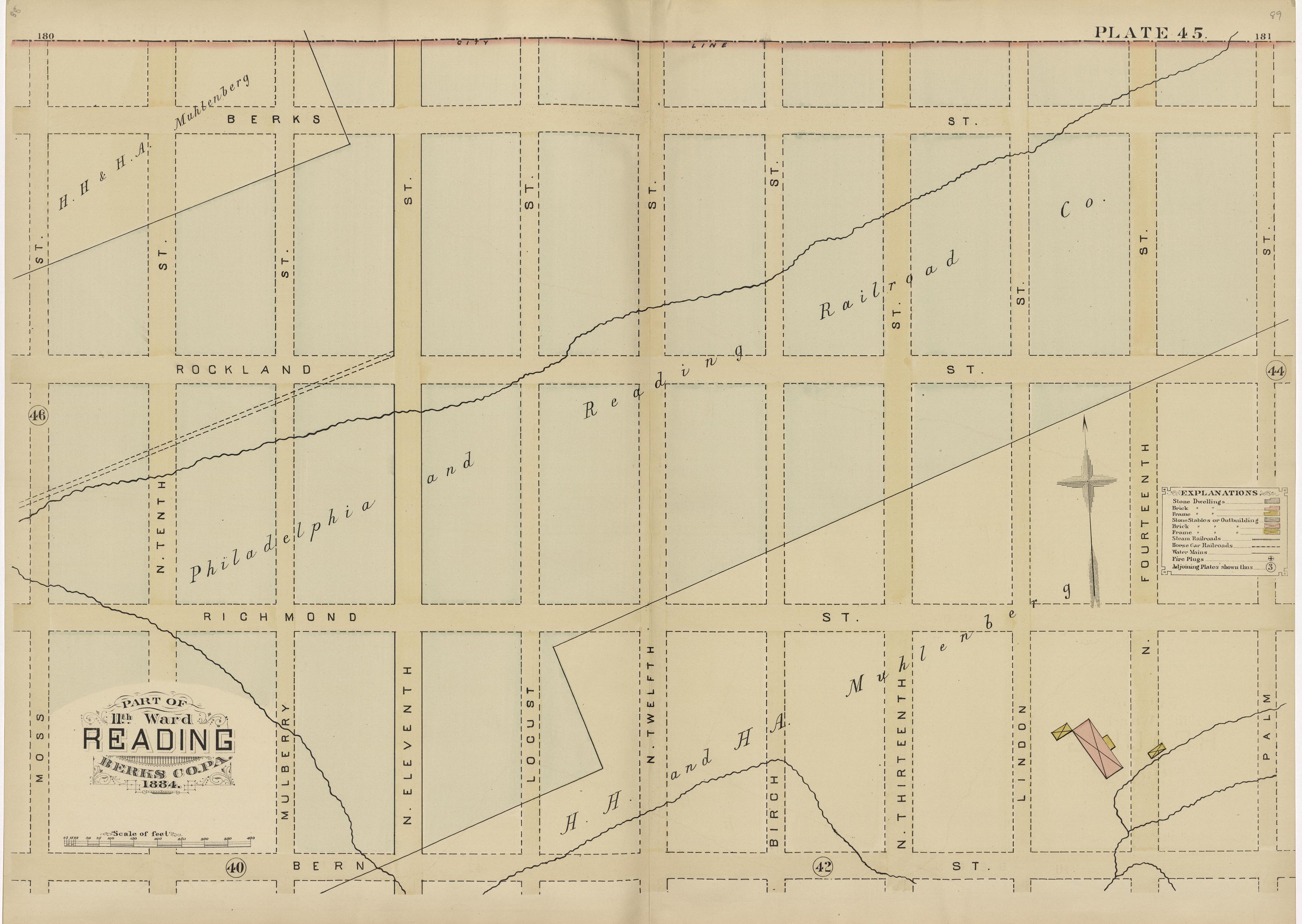 Plate 45: Part of 11th Ward Reading, Berks County, Pa., 1884 from Property and Insurance Atlas of the City of Reading, Berks County, Pennsylvania. : from Official Records and Actual Surveys by Relic Map Company