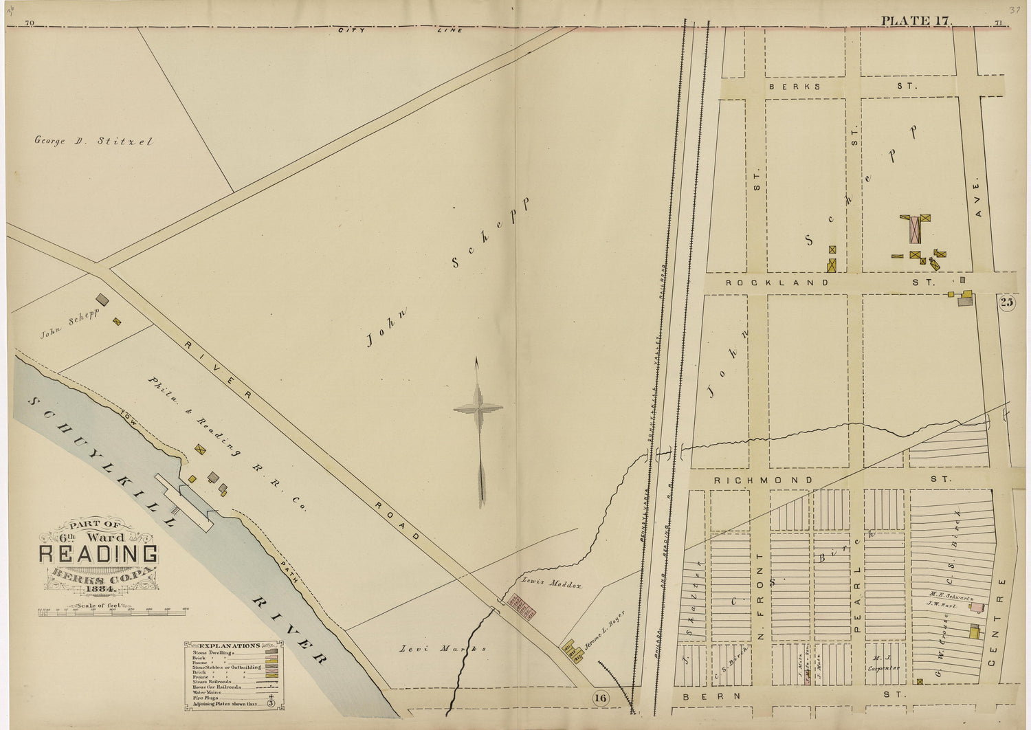 Plate 17: Part of 6th Ward Reading, Berks County, Pa., 1884 from Property and Insurance Atlas of the City of Reading, Berks County, Pennsylvania. : from Official Records and Actual Surveys by Relic Map Company