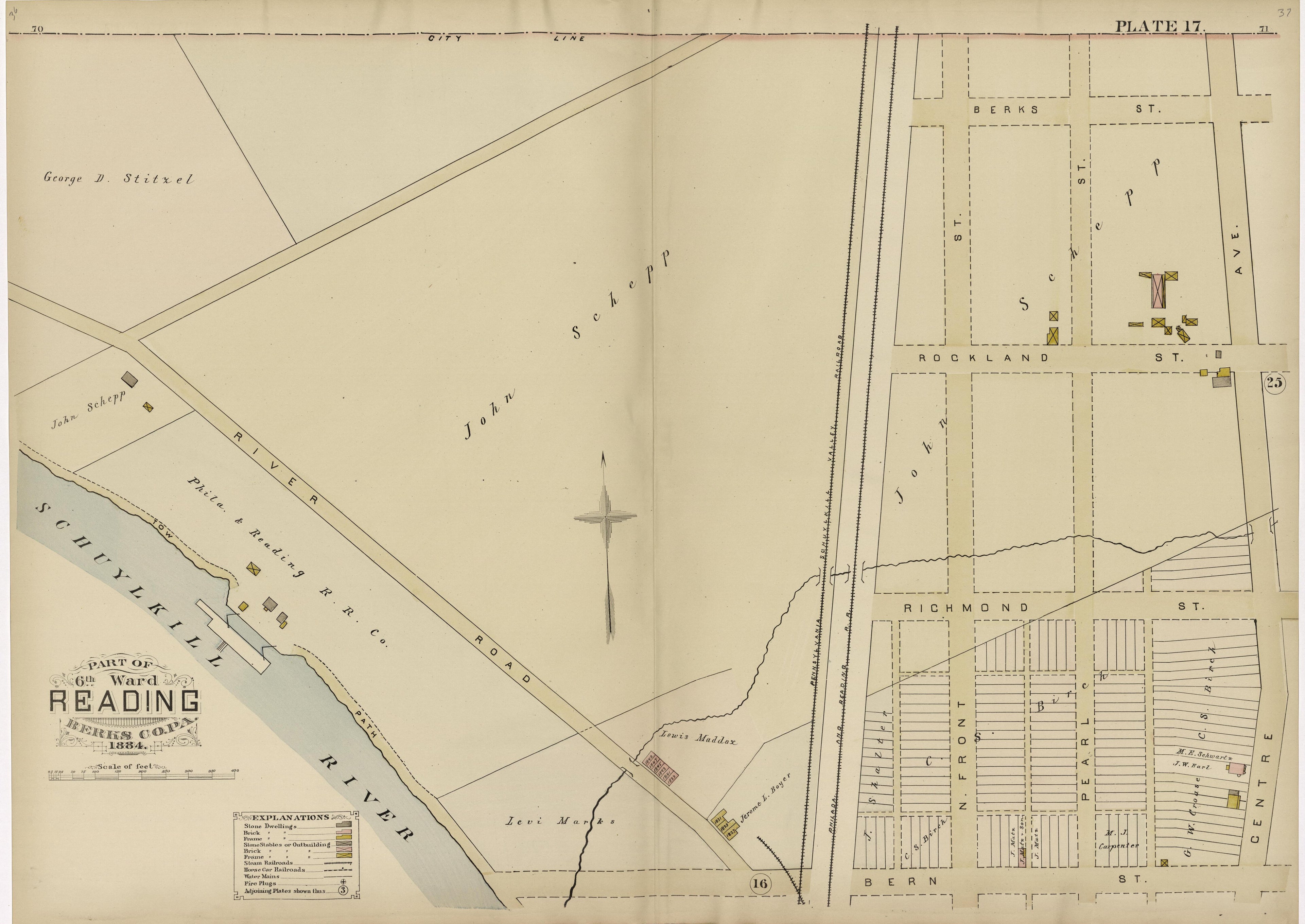 Plate 17: Part of 6th Ward Reading, Berks County, Pa., 1884 from Property and Insurance Atlas of the City of Reading, Berks County, Pennsylvania. : from Official Records and Actual Surveys by Relic Map Company
