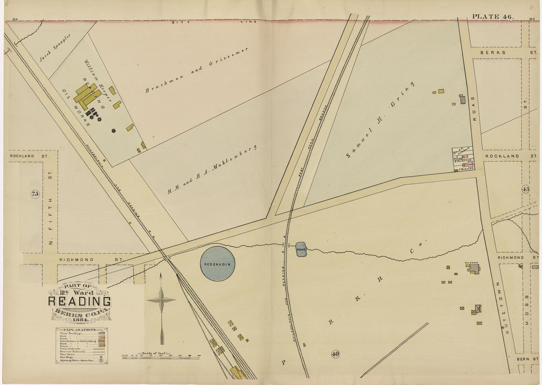 Plate 46: Part of 11th Ward Reading, Berks County, Pa., 1884 from Property and Insurance Atlas of the City of Reading, Berks County, Pennsylvania. : from Official Records and Actual Surveys by Relic Map Company