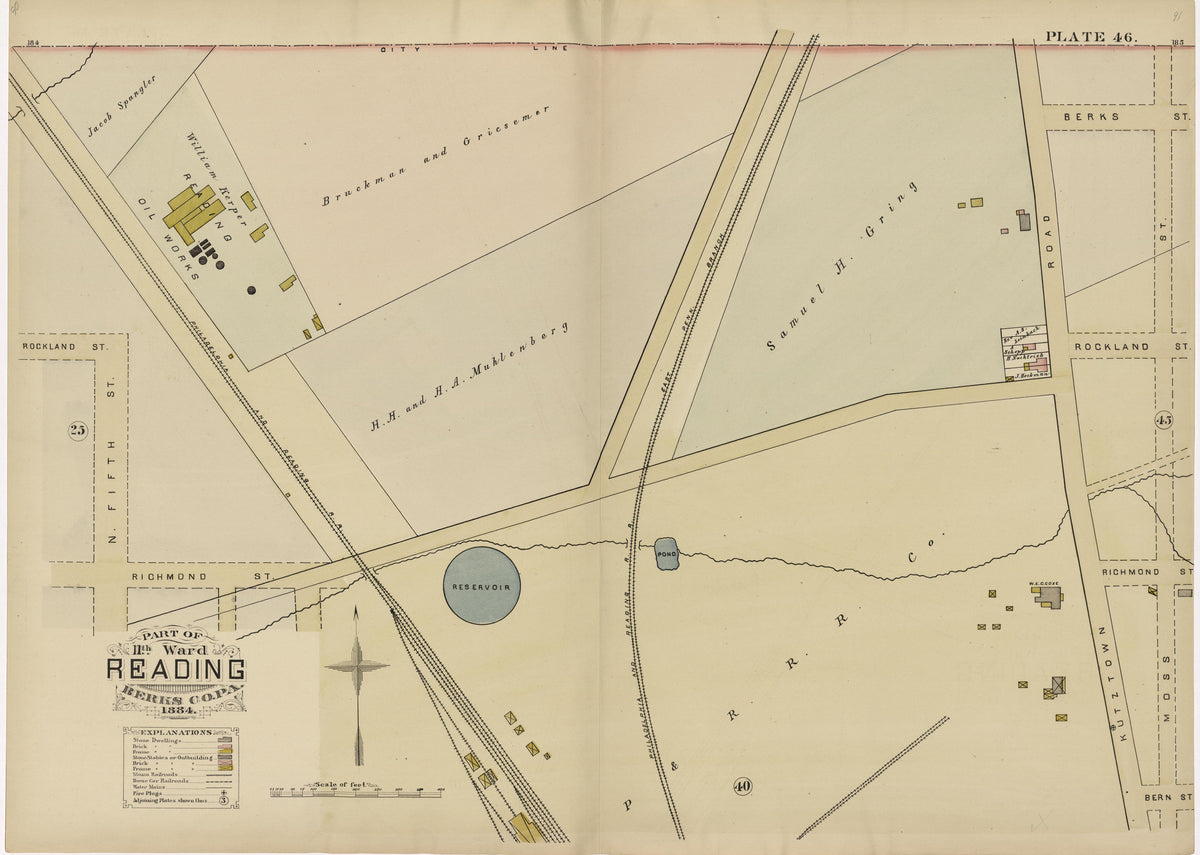 Plate 46: Part of 11th Ward Reading, Berks County, Pa., 1884 from Property and Insurance Atlas of the City of Reading, Berks County, Pennsylvania. : from Official Records and Actual Surveys by Relic Map Company