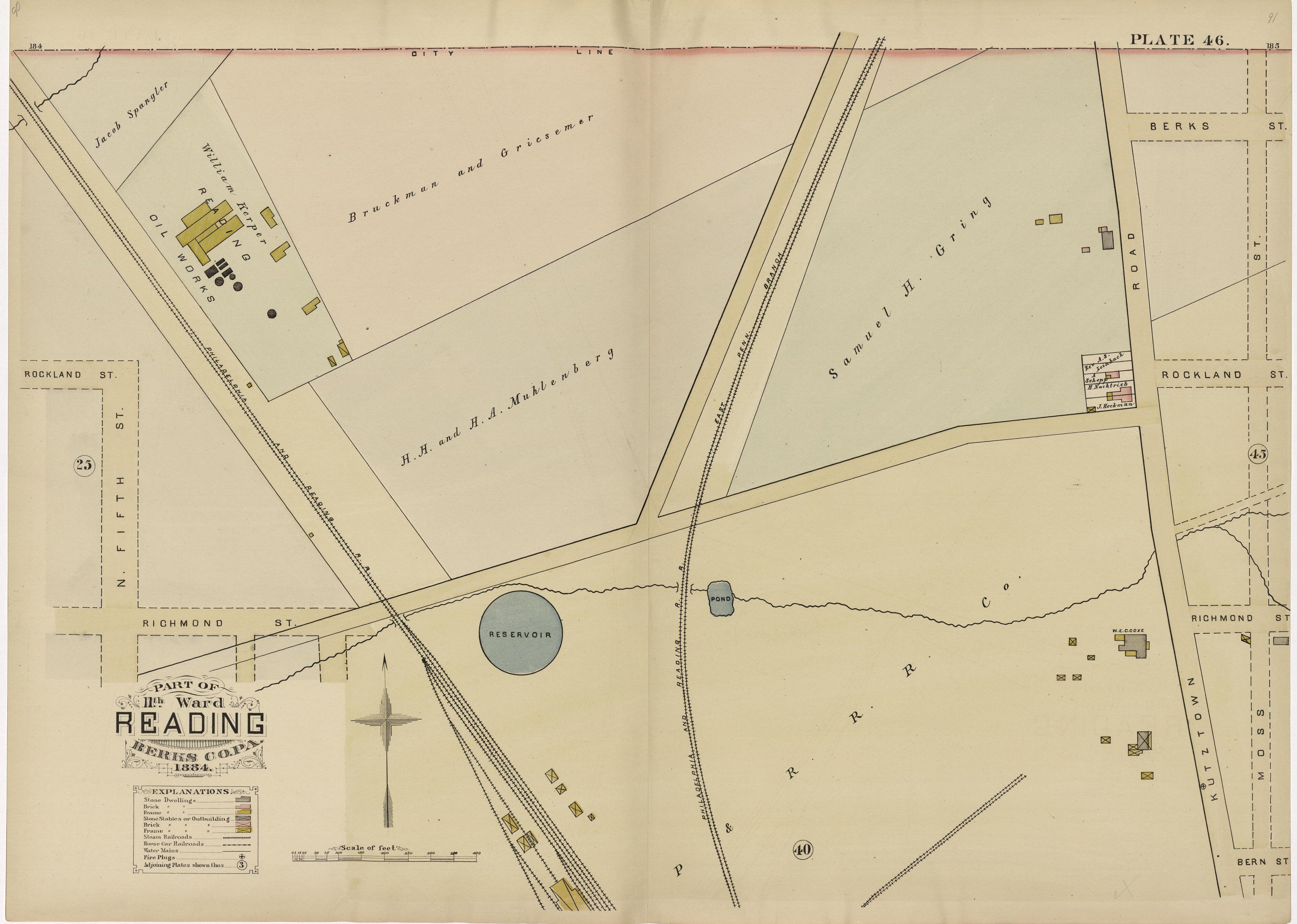 Plate 46: Part of 11th Ward Reading, Berks County, Pa., 1884 from Property and Insurance Atlas of the City of Reading, Berks County, Pennsylvania. : from Official Records and Actual Surveys by Relic Map Company