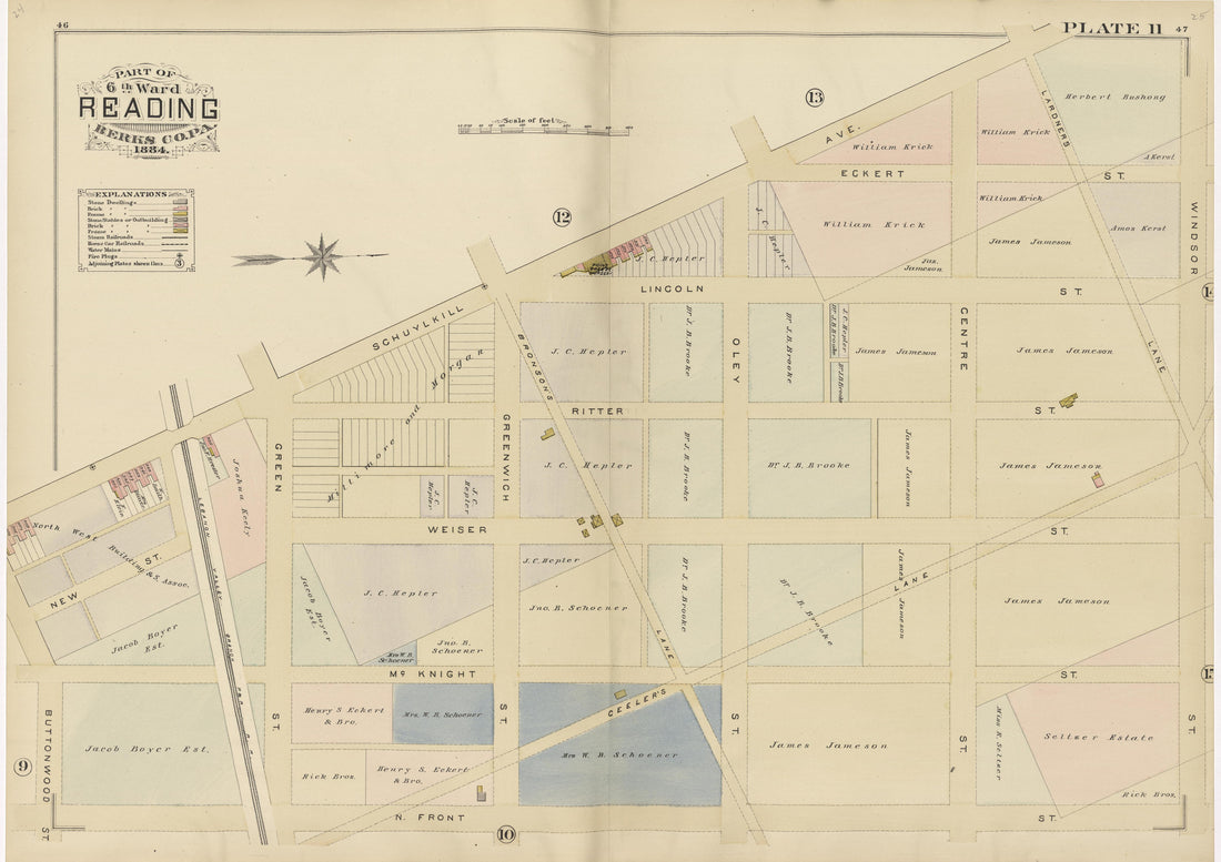 Plate 11: Part of 6th Ward Reading, Berks County, Pa., 1884 from Property and Insurance Atlas of the City of Reading, Berks County, Pennsylvania. : from Official Records and Actual Surveys by Relic Map Company