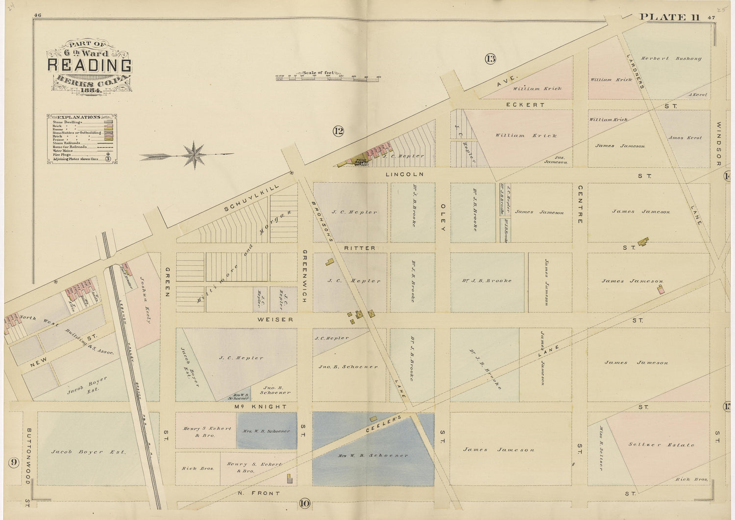 Plate 11: Part of 6th Ward Reading, Berks County, Pa., 1884 from Property and Insurance Atlas of the City of Reading, Berks County, Pennsylvania. : from Official Records and Actual Surveys by Relic Map Company