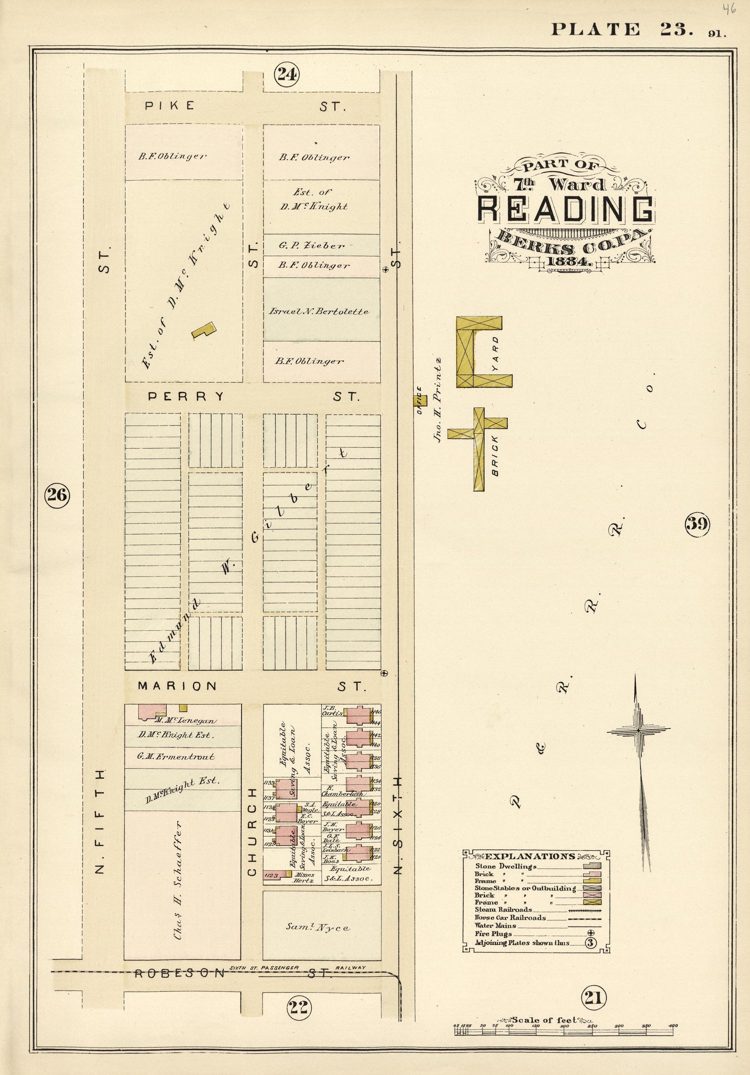 Plate 23: Part of 7th Ward Reading, Berks County, Pa., 1884 from Property and Insurance Atlas of the City of Reading, Berks County, Pennsylvania. : from Official Records and Actual Surveys by Relic Map Company