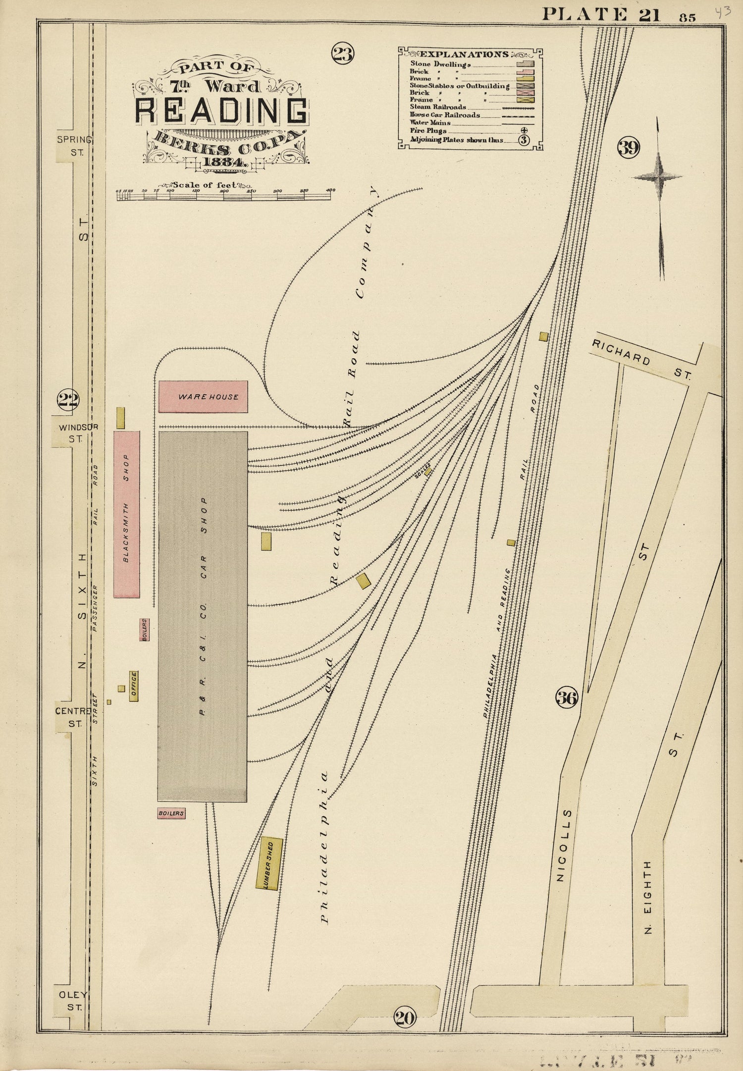 Plate 21: Part of 7th Ward Reading, Berks County, Pa., 1884 from Property and Insurance Atlas of the City of Reading, Berks County, Pennsylvania. : from Official Records and Actual Surveys by Relic Map Company