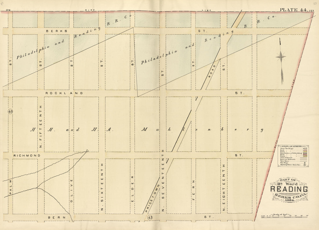 Plate 44: Part of 11th Ward Reading, Berks County, Pa., 1884 from Property and Insurance Atlas of the City of Reading, Berks County, Pennsylvania. : from Official Records and Actual Surveys by Relic Map Company