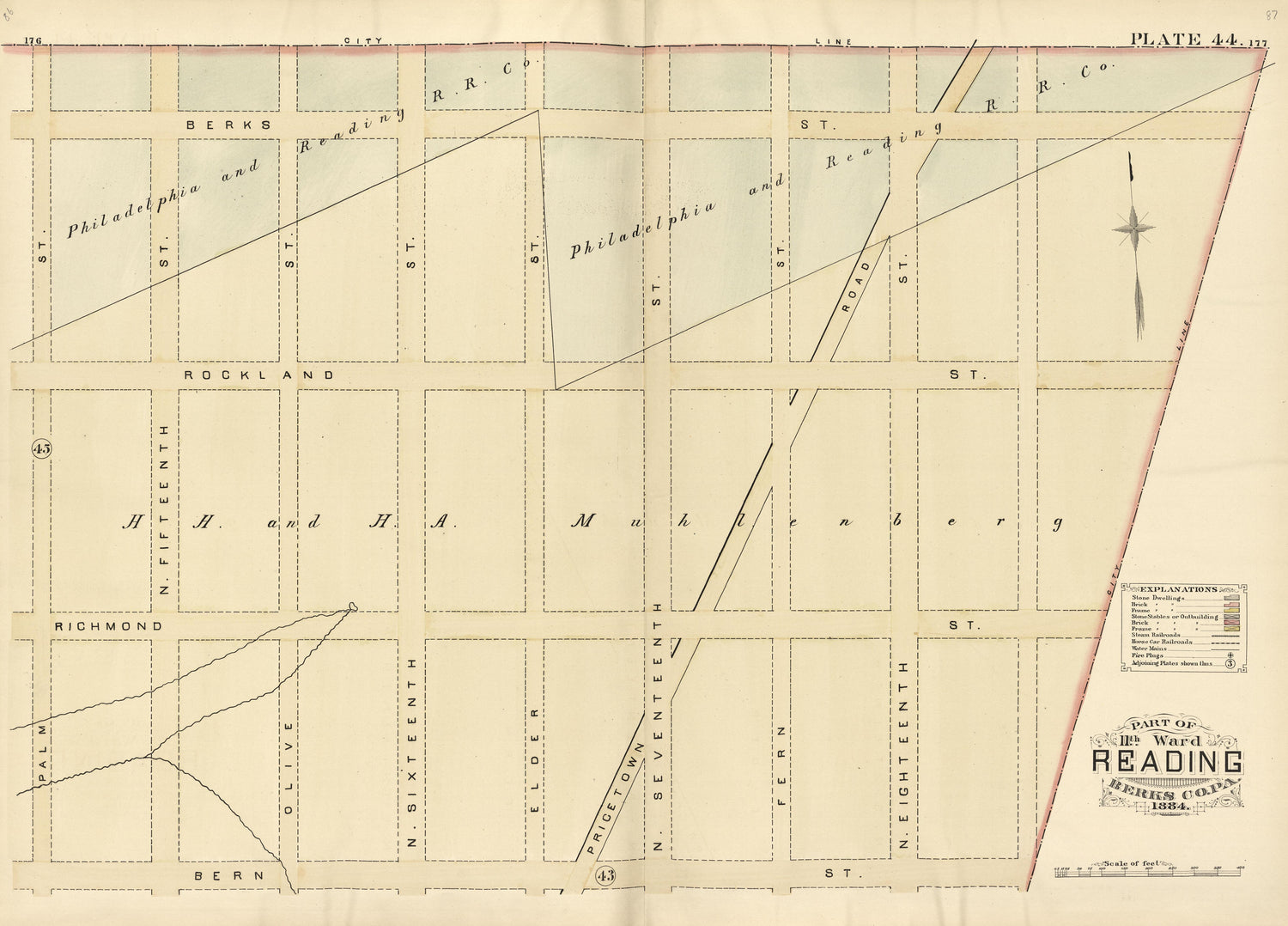 Plate 44: Part of 11th Ward Reading, Berks County, Pa., 1884 from Property and Insurance Atlas of the City of Reading, Berks County, Pennsylvania. : from Official Records and Actual Surveys by Relic Map Company