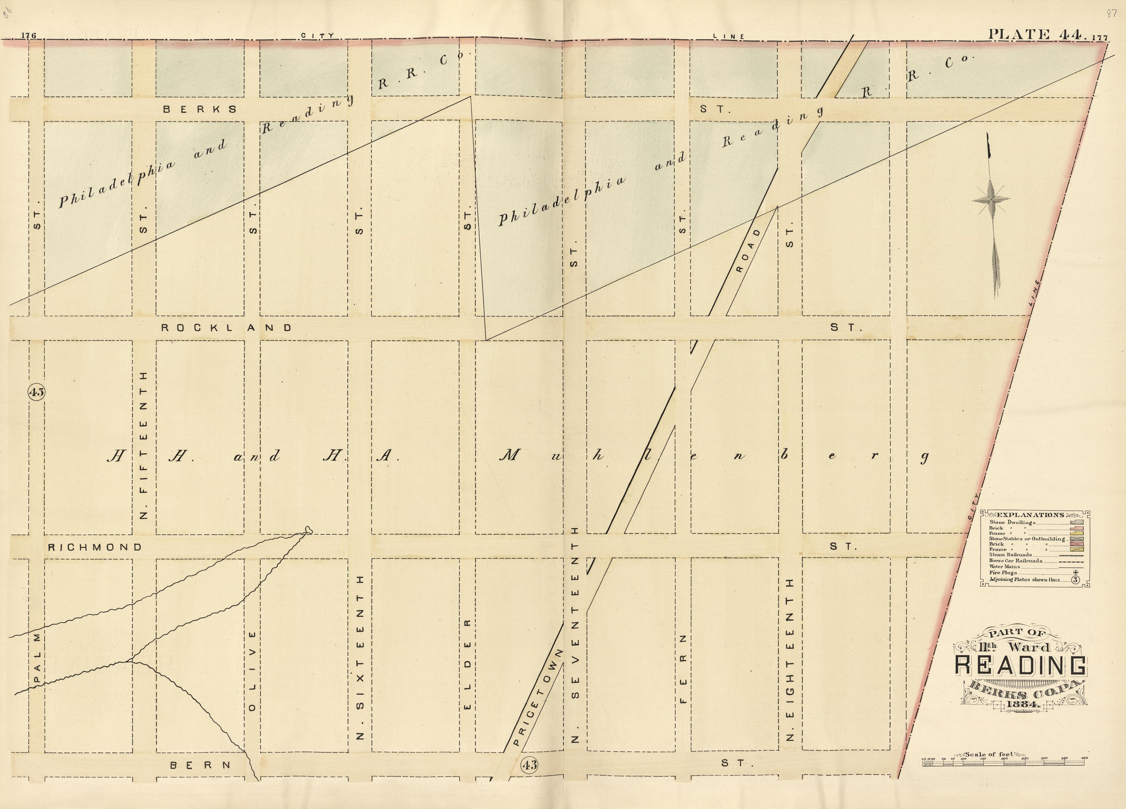 Plate 44: Part of 11th Ward Reading, Berks County, Pa., 1884 from Property and Insurance Atlas of the City of Reading, Berks County, Pennsylvania. : from Official Records and Actual Surveys by Relic Map Company