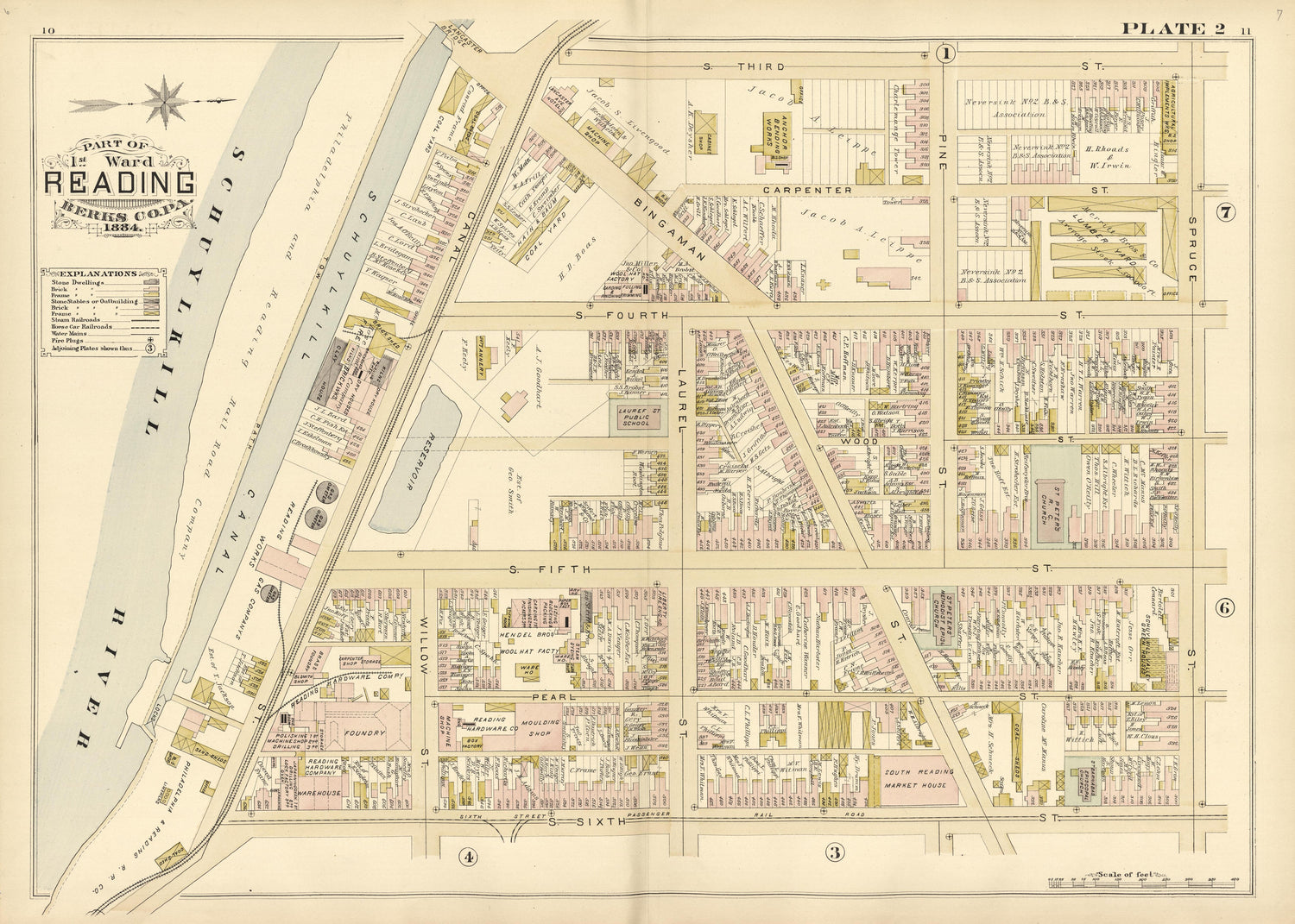 Plate 2: Part of 1st Ward Reading, Berks County, Pa., 1884 from Property and Insurance Atlas of the City of Reading, Berks County, Pennsylvania. : from Official Records and Actual Surveys by Relic Map Company
