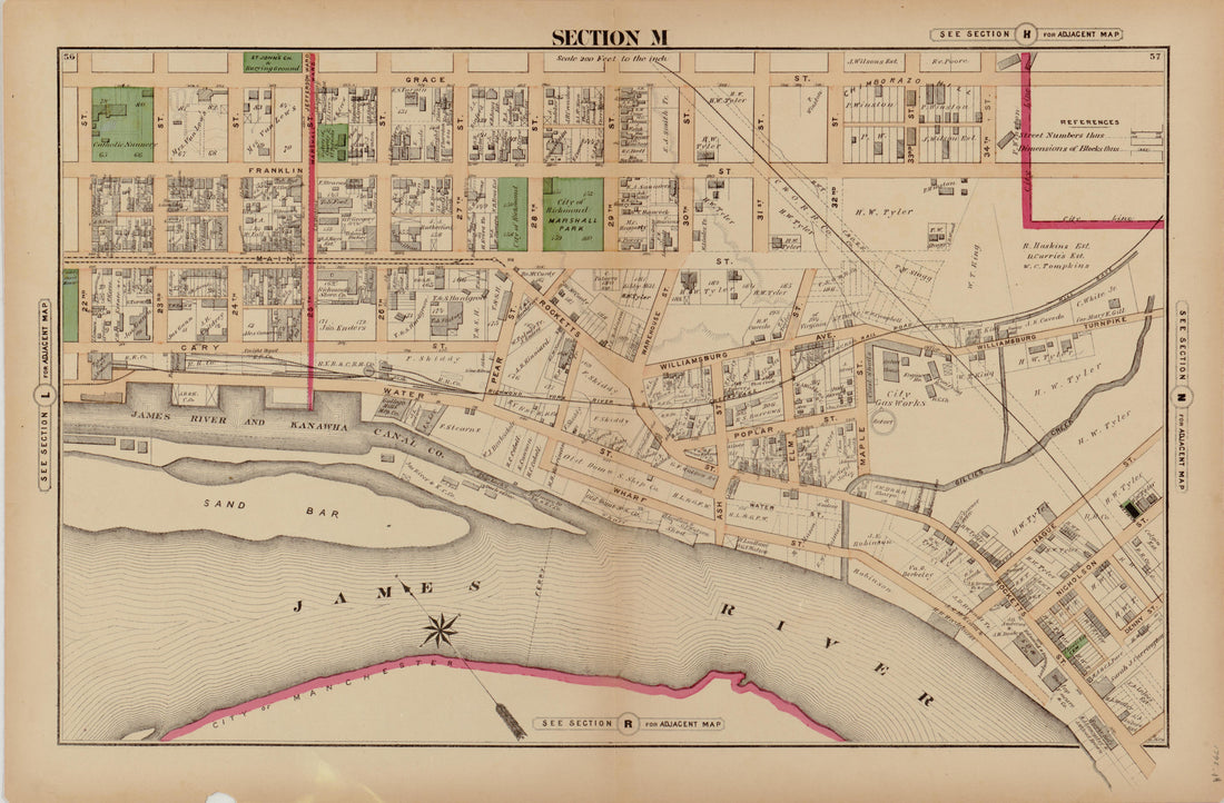 Section M from Illustrated Atlas of the City of Richmond, Va 1877 by Relic Map Company