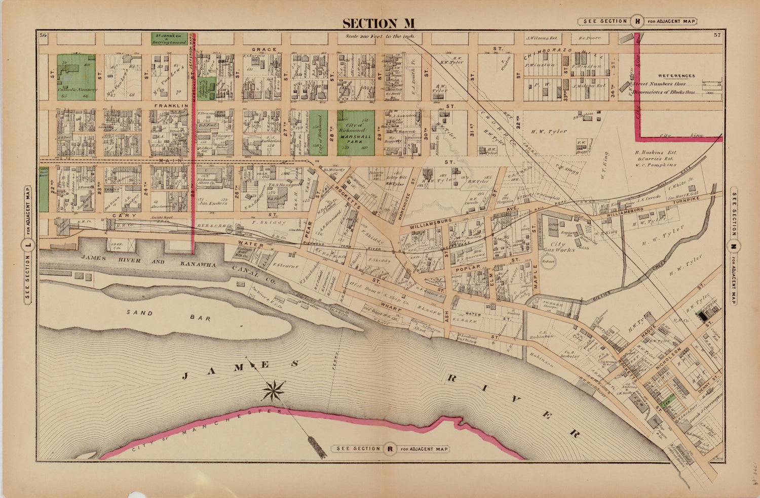 Section M from Illustrated Atlas of the City of Richmond, Va 1877 by Relic Map Company