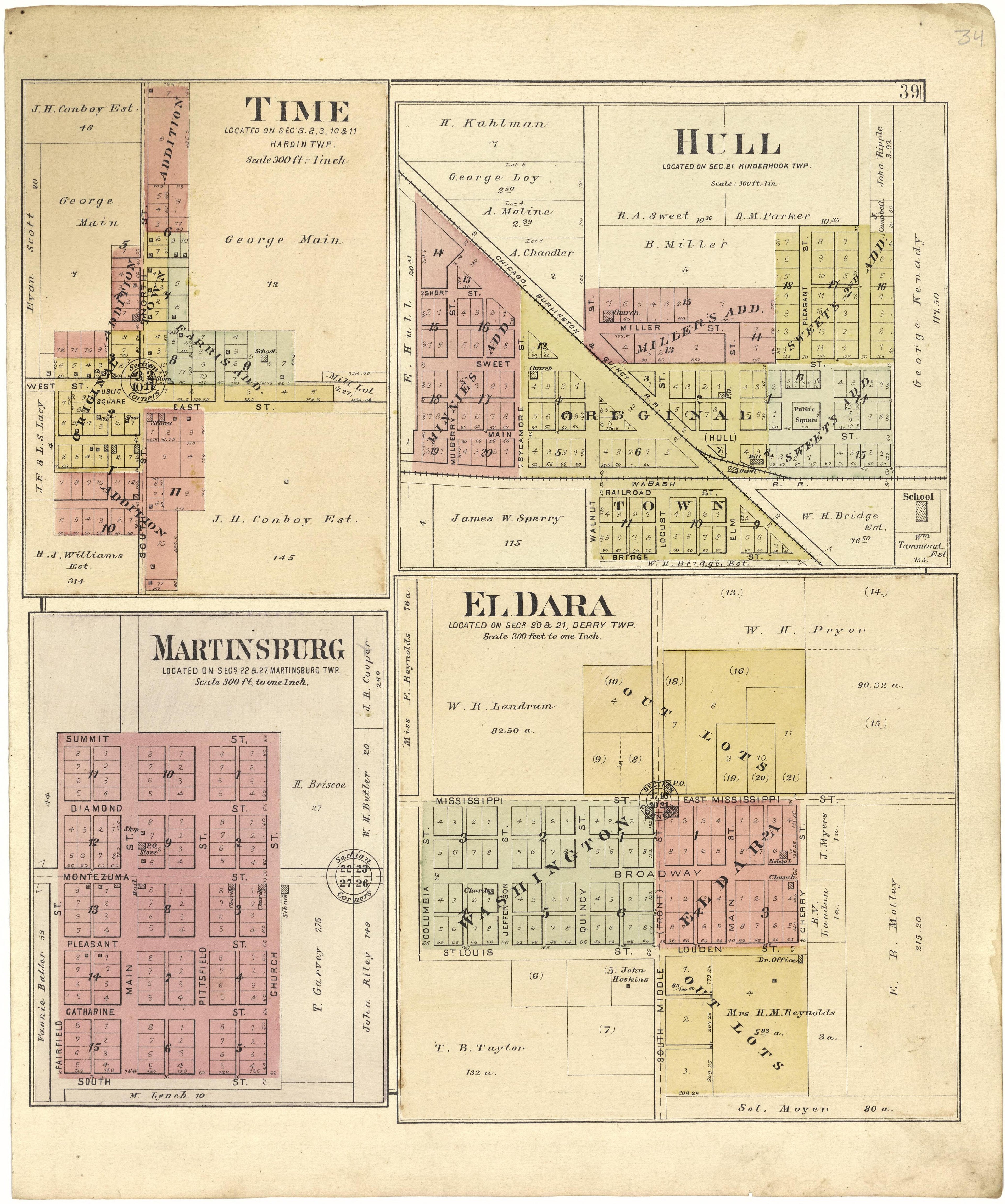 Time; Hull; Martinsburg; El Dara from Plat Book of Pike County, Illinois 1895 by Relic Map Company