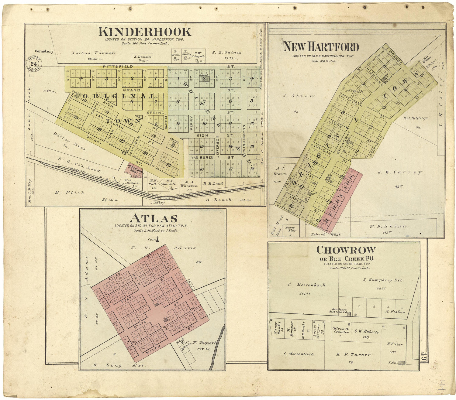 Kinderhook; New Hartford; Atlas; Chowrow from Plat Book of Pike County, Illinois 1895 by Relic Map Company